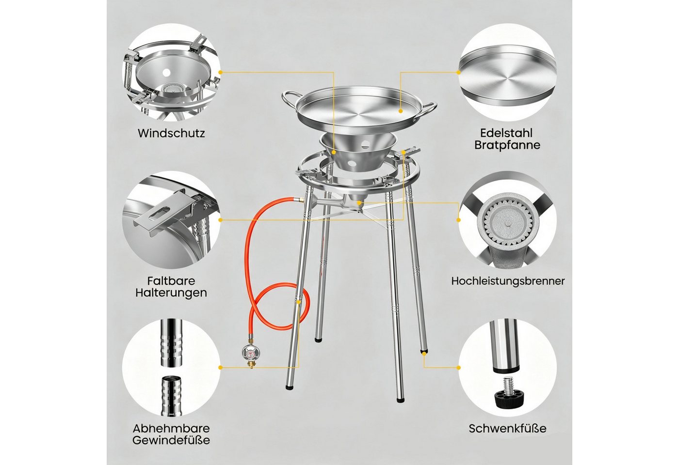 HOMELUX Gaskocher Paellaset Gasbrenner, 3,8 kW Propan Kochsystem Komplett Set für Paella, (Set, 2-St., mit Schlauch 150 cm und 30 mbar Gas Regler Druckminderer), mit 41cm Paellapfanne, Windschutzscheibe, für Wok, Grillplatte