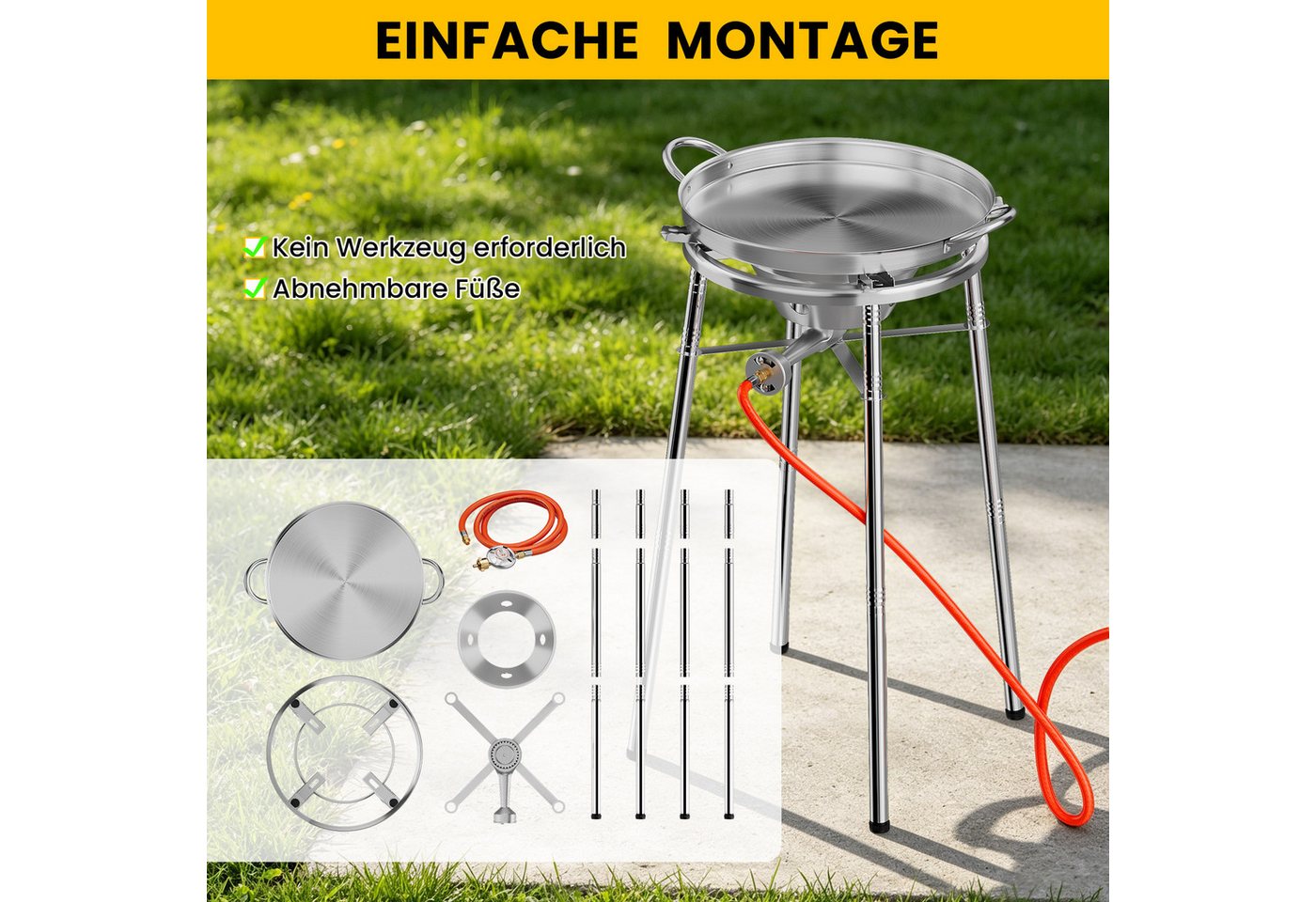 HOMELUX Gaskocher Paellaset Gasbrenner, 3,8 kW Propan Kochsystem Komplett Set für Paella, (Set, 2-St., mit Schlauch 150 cm und 30 mbar Gas Regler Druckminderer), mit 41cm Paellapfanne, Windschutzscheibe, für Wok, Grillplatte Bild 2