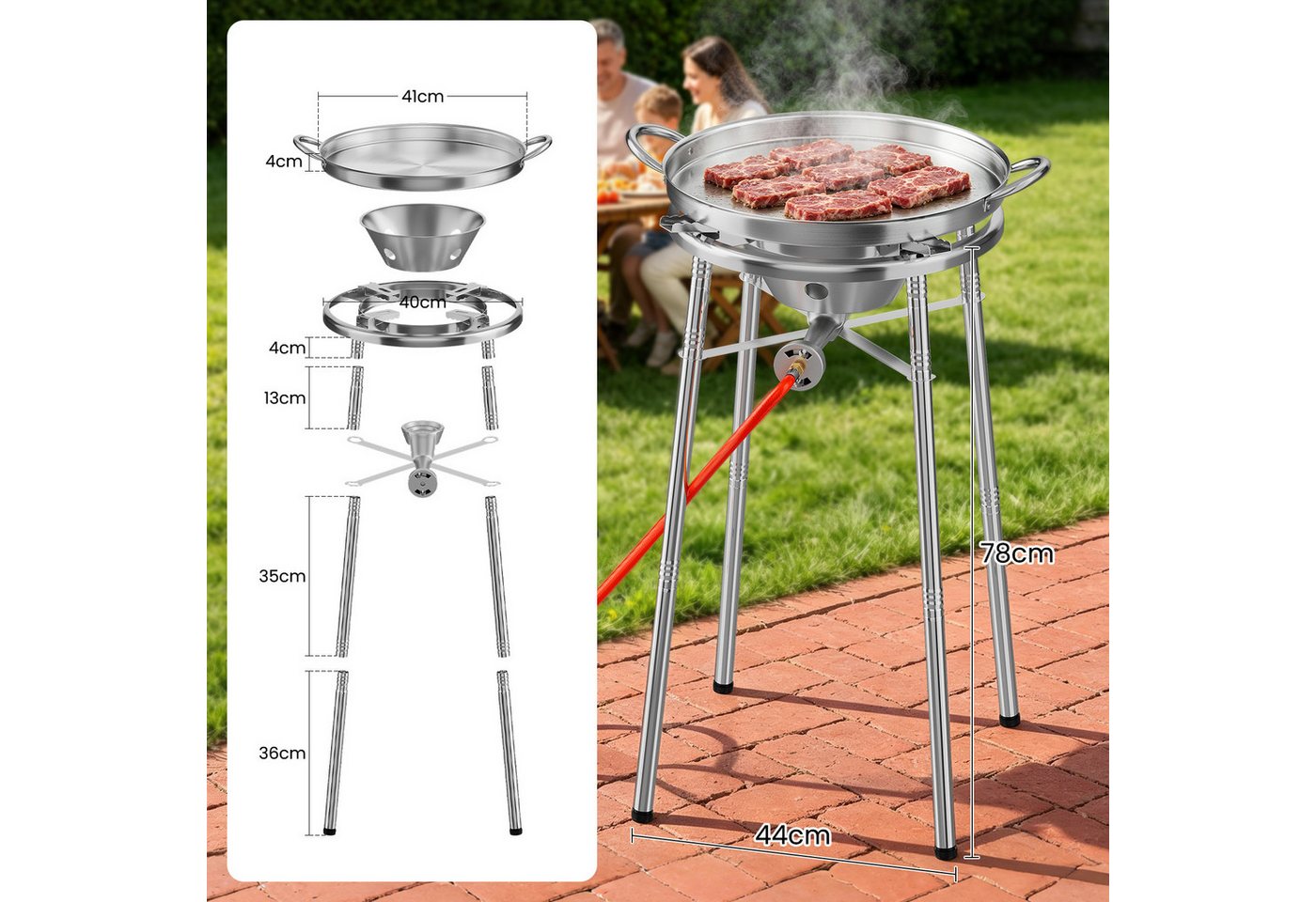 HOMELUX Gaskocher Paellaset Gasbrenner, 3,8 kW Propan Kochsystem Komplett Set für Paella, (Set, 2-St., mit Schlauch 150 cm und 30 mbar Gas Regler Druckminderer), mit 41cm Paellapfanne, Windschutzscheibe, für Wok, Grillplatte Bild 3