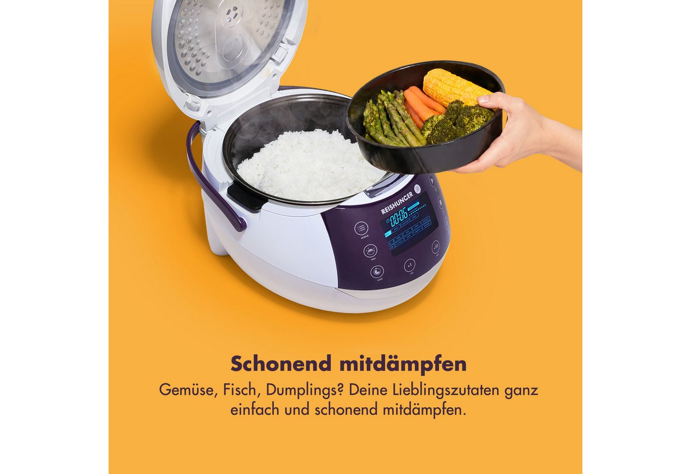Reishunger Reiskocher Digital – 1,5 L – Multikocher – 12 Programme – Keramikbeschichtung, 860 W, Timer- und Warmhaltefunktion, 7-Kochphasen-Technologie, LED-Display Bild 4