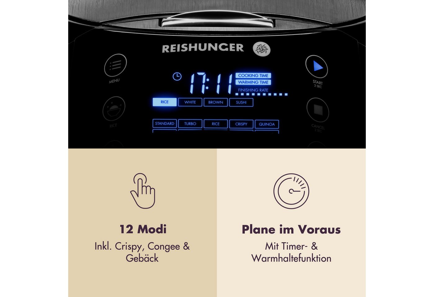 Reishunger Reiskocher Digital – 1,5 L – Multikocher – 12 Programme – Keramikbeschichtung, 860 W, Timer- und Warmhaltefunktion, 7-Kochphasen-Technologie, LED-Display Bild 5