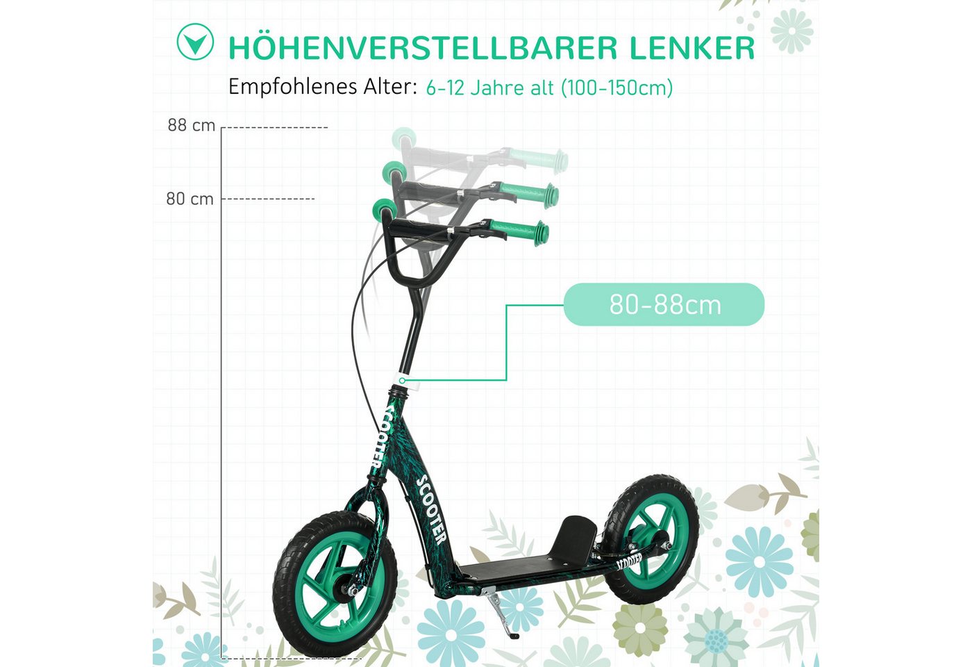 AIYAPLAY Scooter Kinderroller Tretroller mit verstellbarem Lenker, großen Rädern, 0 km/h, (Kinderroller, 1 tlg), höhenverstellbarer Tretroller für Kinder, Grün