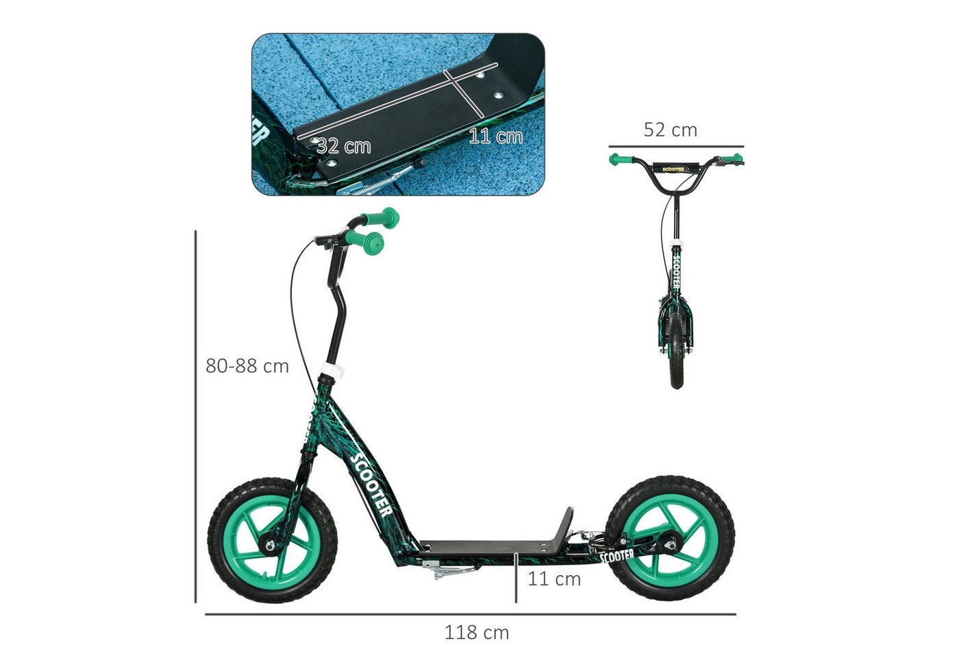 AIYAPLAY Scooter Kinderroller Tretroller mit verstellbarem Lenker, großen Rädern, 0 km/h, (Kinderroller, 1 tlg), höhenverstellbarer Tretroller für Kinder, Grün Bild 2