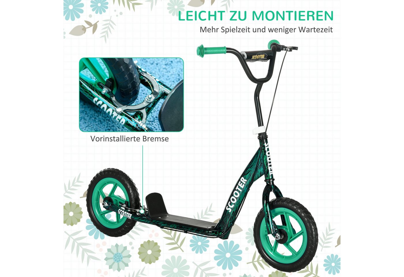 AIYAPLAY Scooter Kinderroller Tretroller mit verstellbarem Lenker, großen Rädern, 0 km/h, (Kinderroller, 1 tlg), höhenverstellbarer Tretroller für Kinder, Grün Bild 3