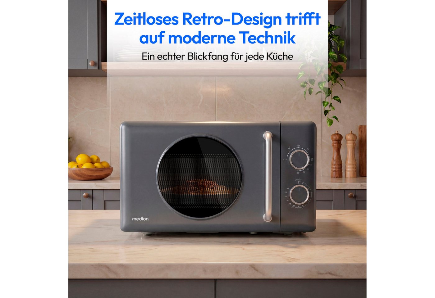 Medion® Mikrowelle MD100119, 800W Leistung,5 Mikrowellenstufen, Auftaufunktion, Retro-Design