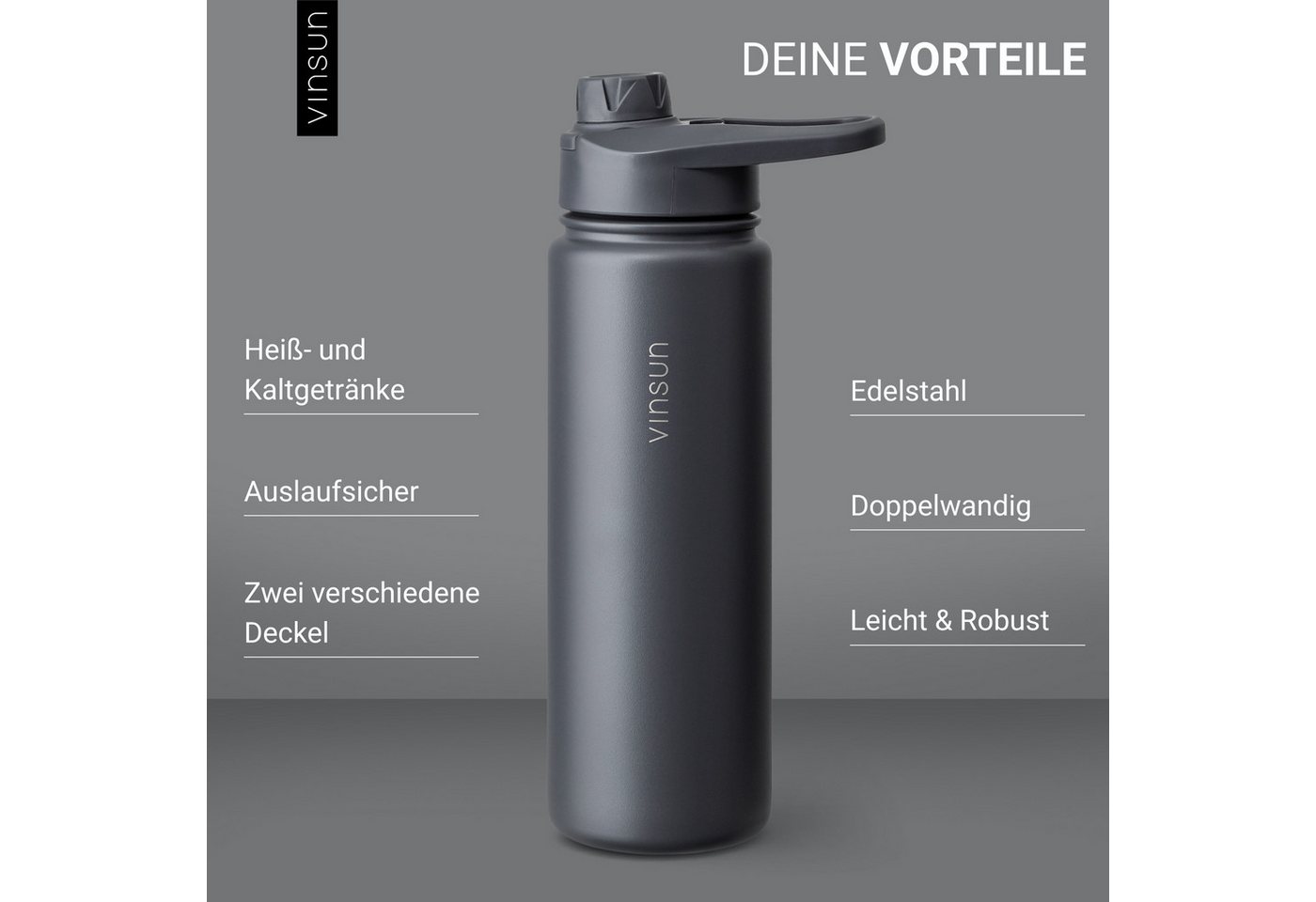 Vinsun Isolierflasche Edelstahl Trinkflasche 750ml Strohhalm - 2 Deckel Thermoflasche, Doppelwandig isoliert, auslaufsicher, bruchsicher, Geruchsneutral Bild 3