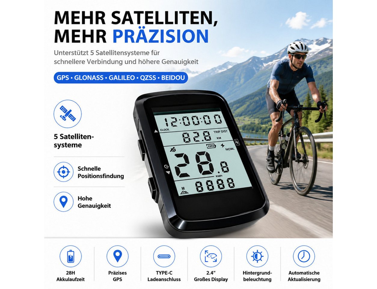 ibettertec Fahrradcomputer Kabelloser Fahrradtacho mit LCD-Display, 2,4 Zoll (USB-C Ladefunktion), Geschwindigkeitsmesser, Kilometerzähler, Hintergrundbeleuchtung