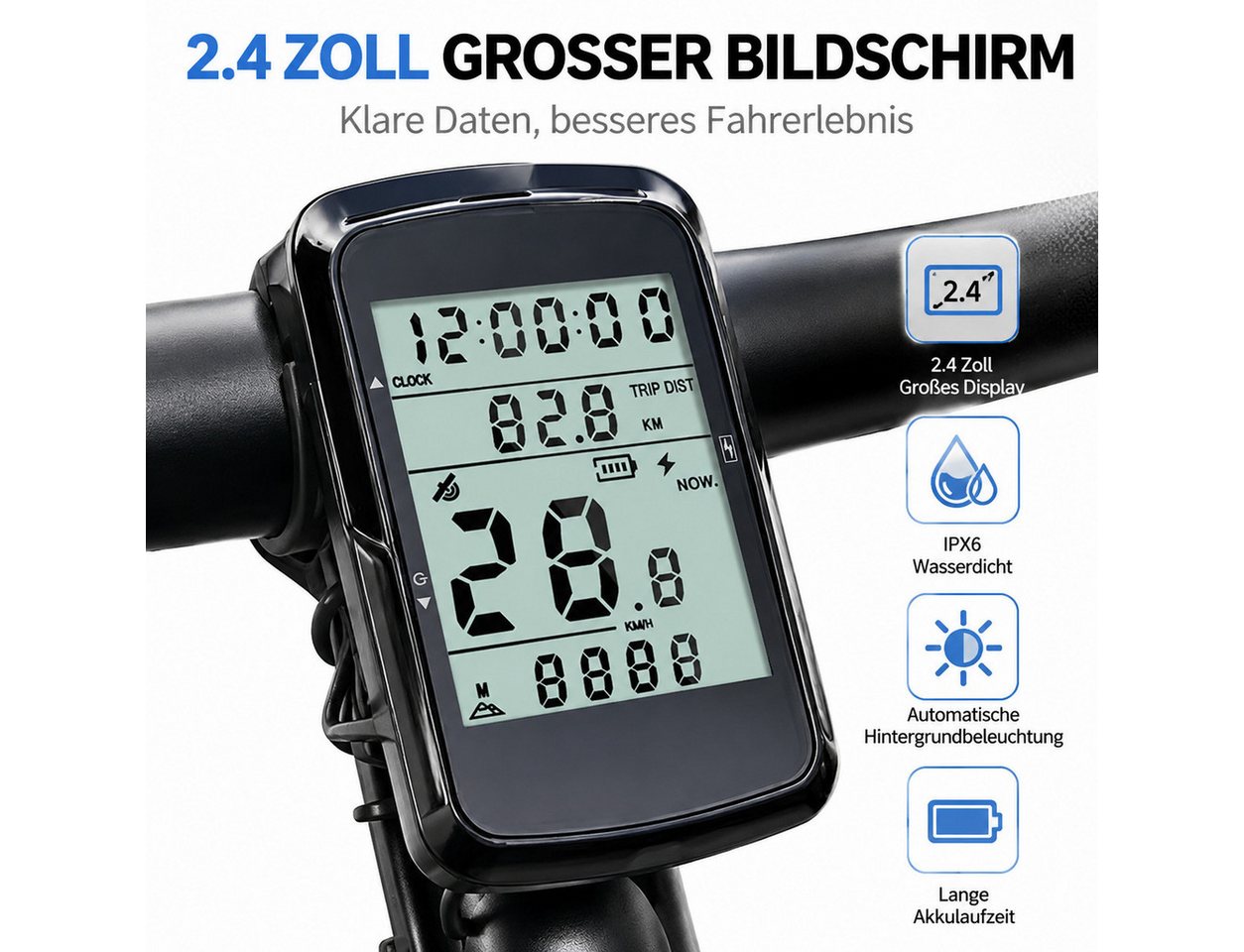 ibettertec Fahrradcomputer Kabelloser Fahrradtacho mit LCD-Display, 2,4 Zoll (USB-C Ladefunktion), Geschwindigkeitsmesser, Kilometerzähler, Hintergrundbeleuchtung Bild 2