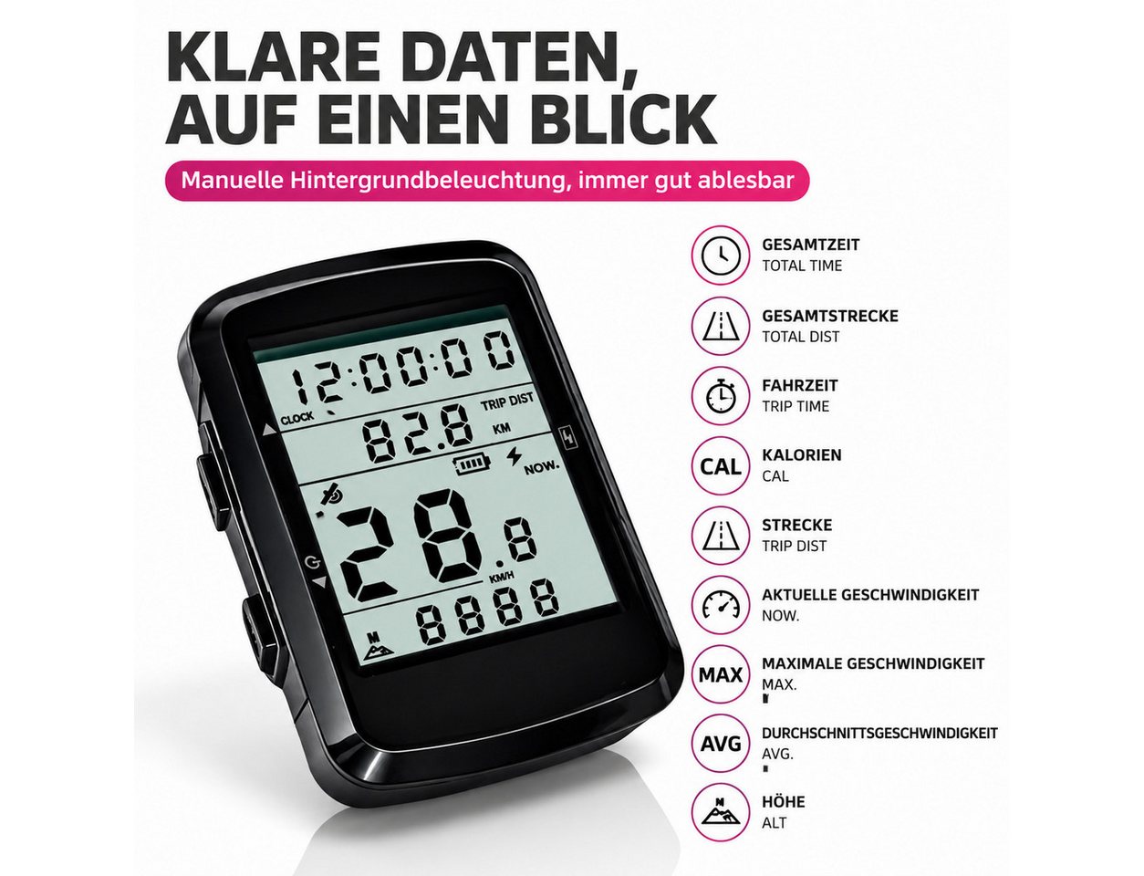 ibettertec Fahrradcomputer Kabelloser Fahrradtacho mit LCD-Display, 2,4 Zoll (USB-C Ladefunktion), Geschwindigkeitsmesser, Kilometerzähler, Hintergrundbeleuchtung Bild 4