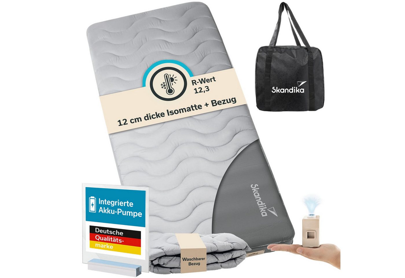 Skandika Luftmatratze Easy 3D Premium Flex Bundle, Luftmatratze mit Bezug, Schaumstoff, (Tragetasche, Antirutsch-Noppen des Bezugs), Softtouch-Oberfläche, USB-C Pumpe, selbstaufblasend, R-Wert von 12,2