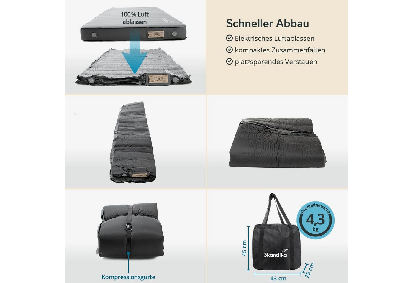 Skandika Luftmatratze Easy 3D Premium Flex Bundle, Luftmatratze mit Bezug, Schaumstoff, (Tragetasche, Antirutsch-Noppen des Bezugs), Softtouch-Oberfläche, USB-C Pumpe, selbstaufblasend, R-Wert von 12,2 Bild 3