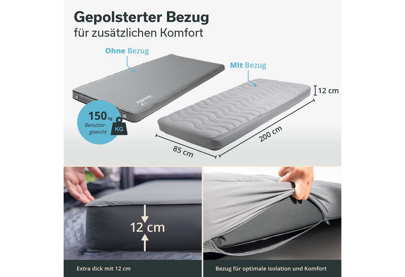 Skandika Luftmatratze Easy 3D Premium Flex Bundle, Luftmatratze mit Bezug, Schaumstoff, (Tragetasche, Antirutsch-Noppen des Bezugs), Softtouch-Oberfläche, USB-C Pumpe, selbstaufblasend, R-Wert von 12,2 Bild 4