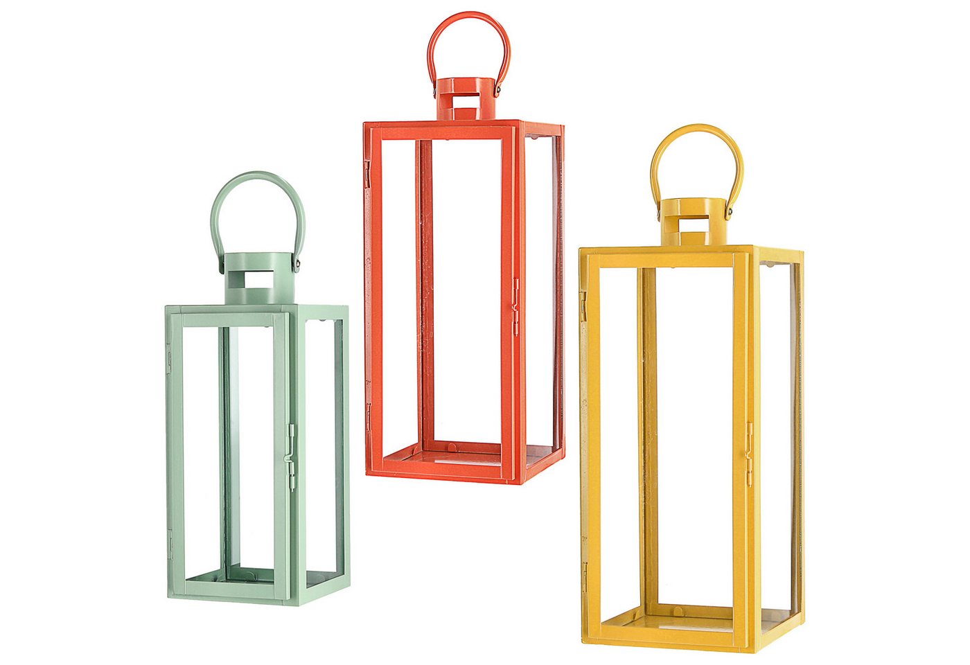 CEPEWA Laterne Laterne 3er Set grün orange gelb 3 Größen Metall Glas Windlicht Henkel