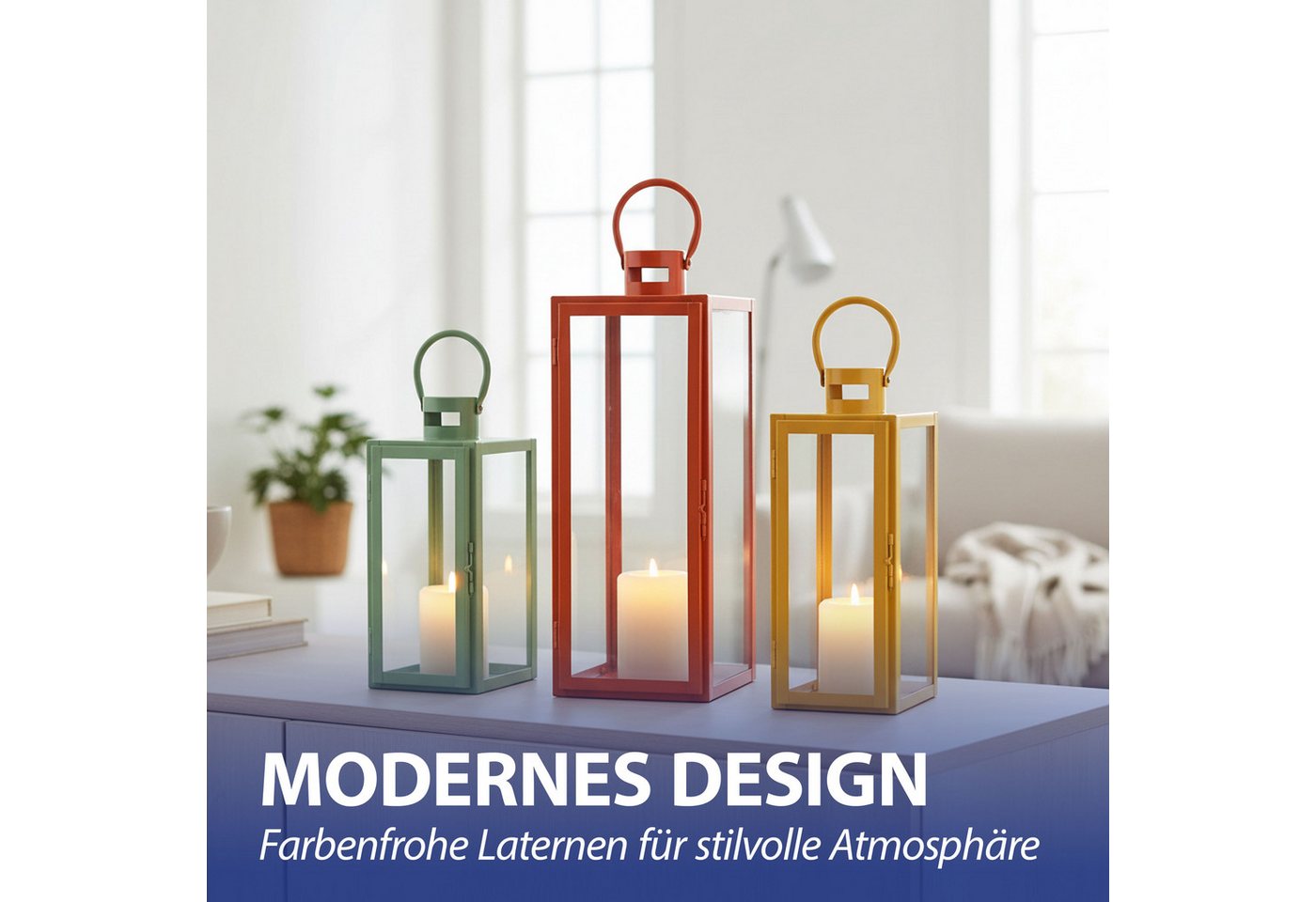 CEPEWA Laterne Laterne 3er Set grün orange gelb 3 Größen Metall Glas Windlicht Henkel Bild 2