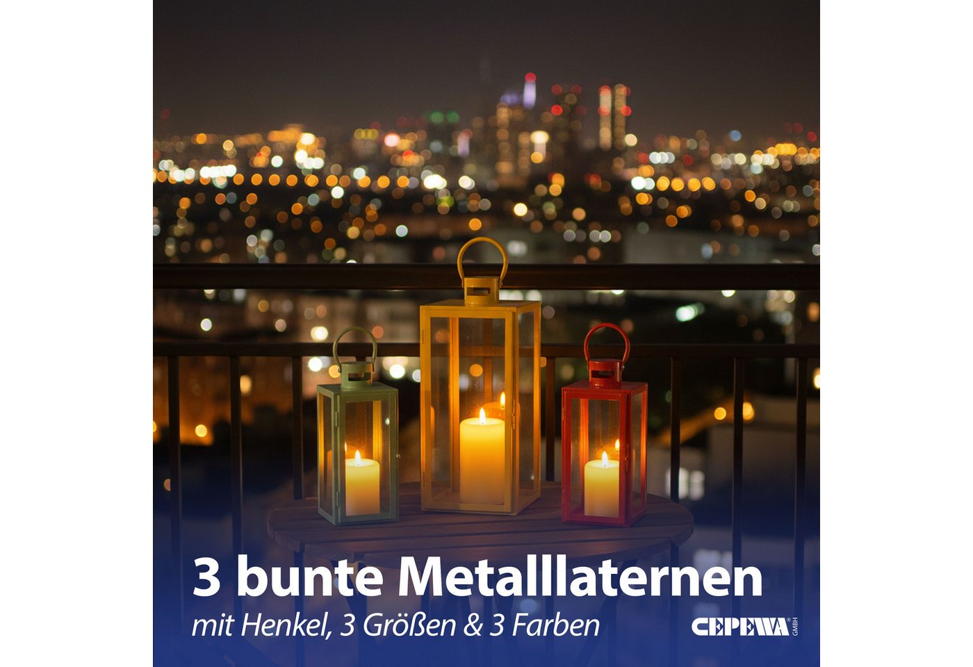 CEPEWA Laterne Laterne 3er Set grün orange gelb 3 Größen Metall Glas Windlicht Henkel Bild 3