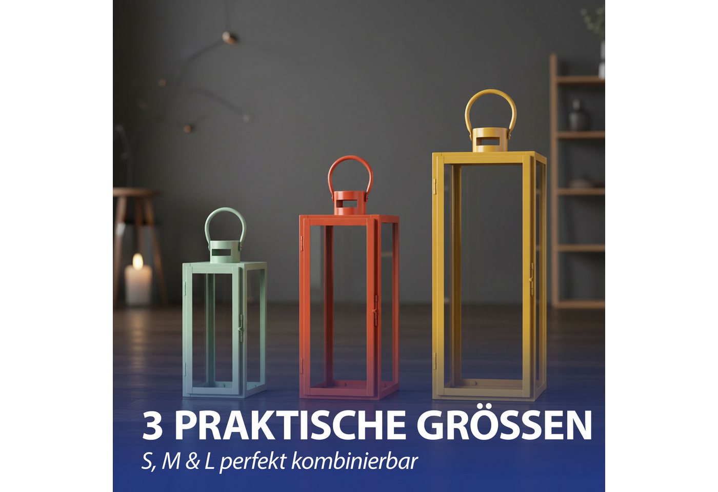 CEPEWA Laterne Laterne 3er Set grün orange gelb 3 Größen Metall Glas Windlicht Henkel Bild 4