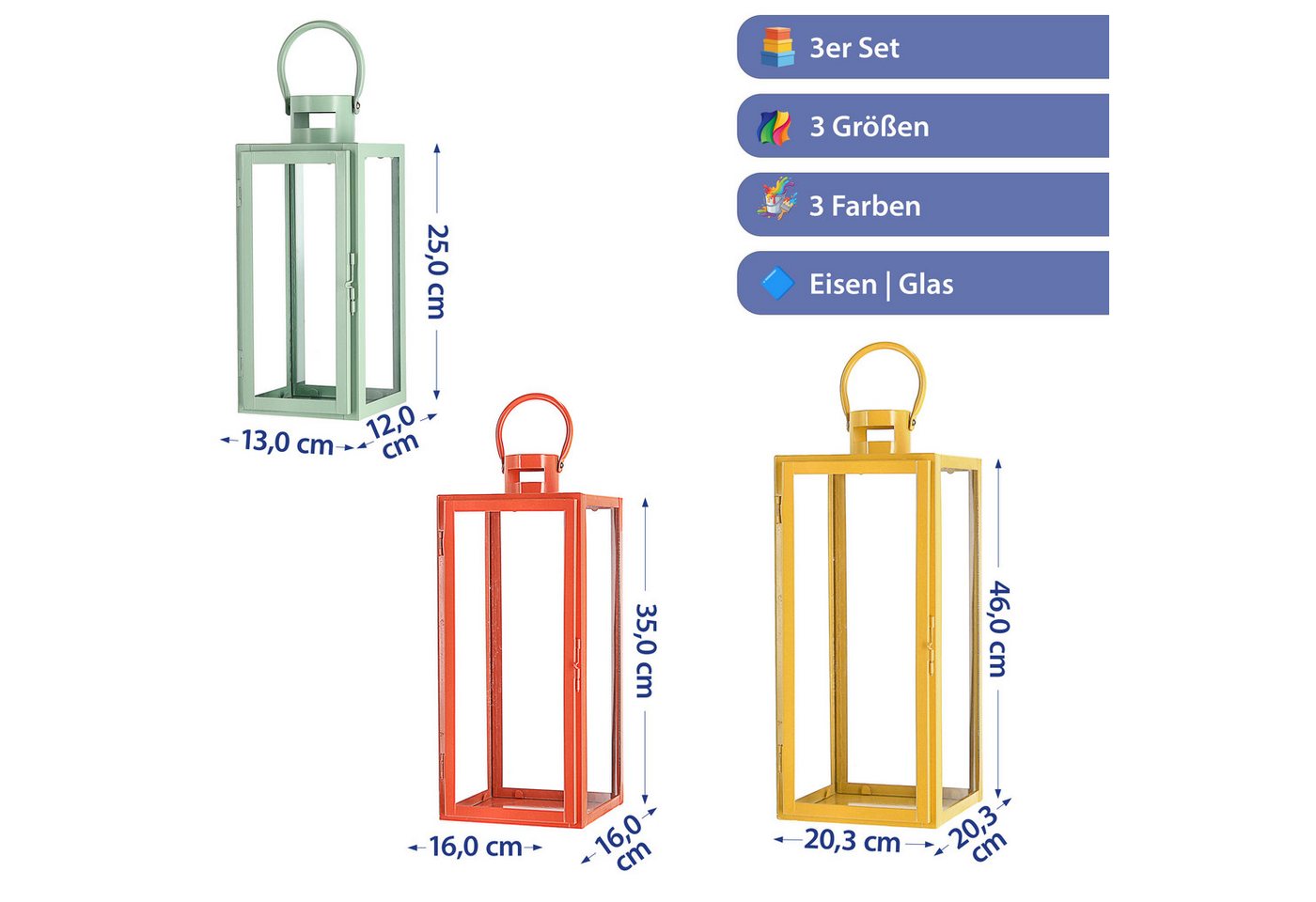 CEPEWA Laterne Laterne 3er Set grün orange gelb 3 Größen Metall Glas Windlicht Henkel Bild 5
