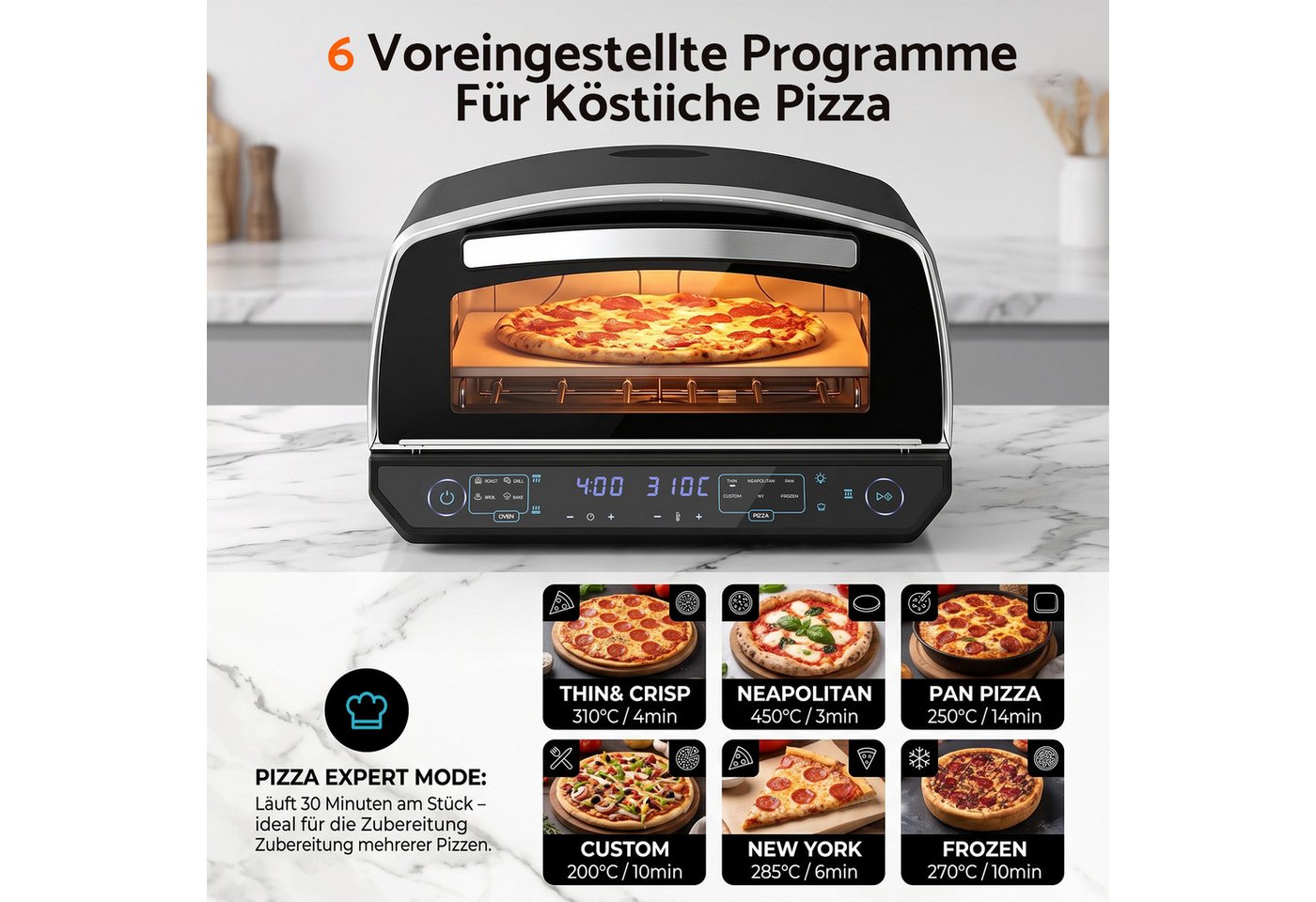 Rebonique Pizzaofen 13" bis 450°C, 2200W mit 6 Programmen, 4 Modi & Pizzastein, Separate Ober-/Unterhitze, Innenbeleuchtung, LED-Anzeige,Expertenmodus