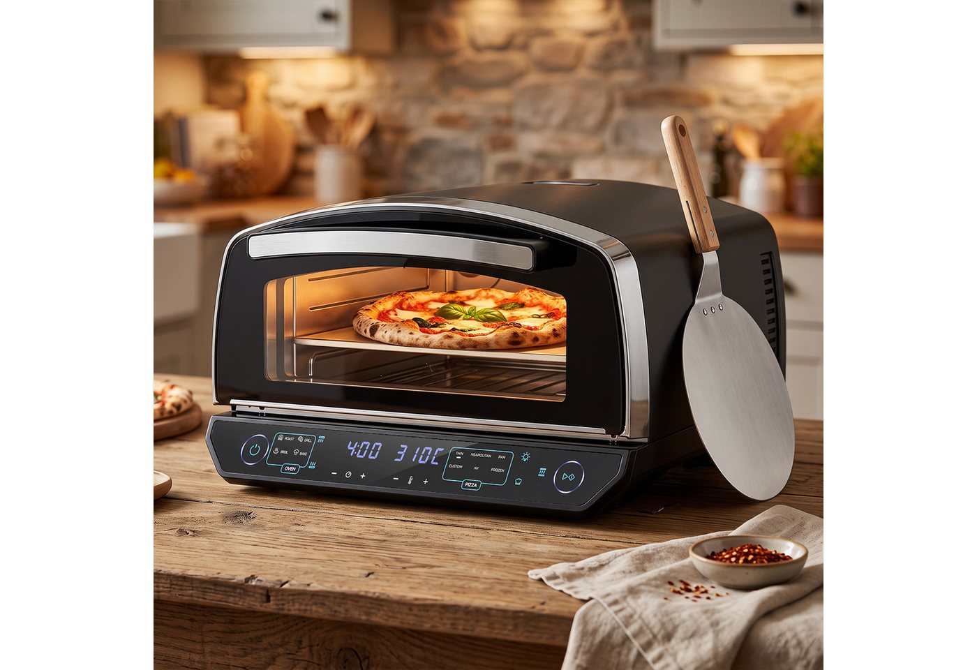 Rebonique Pizzaofen 13" bis 450°C, 2200W mit 6 Programmen, 4 Modi & Pizzastein, Separate Ober-/Unterhitze, Innenbeleuchtung, LED-Anzeige,Expertenmodus Bild 2