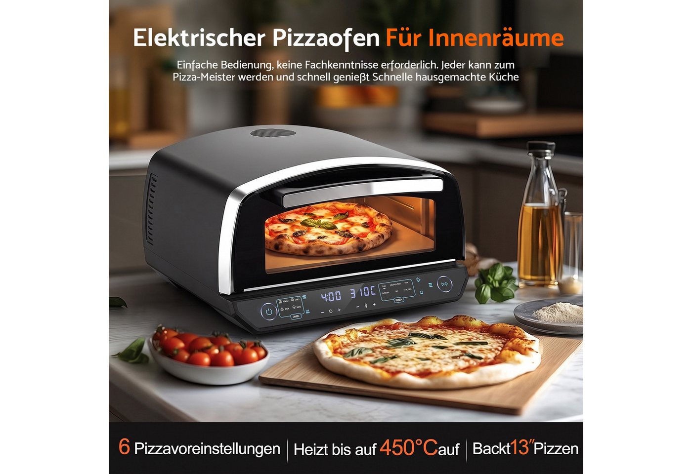 Rebonique Pizzaofen 13" bis 450°C, 2200W mit 6 Programmen, 4 Modi & Pizzastein, Separate Ober-/Unterhitze, Innenbeleuchtung, LED-Anzeige,Expertenmodus Bild 4