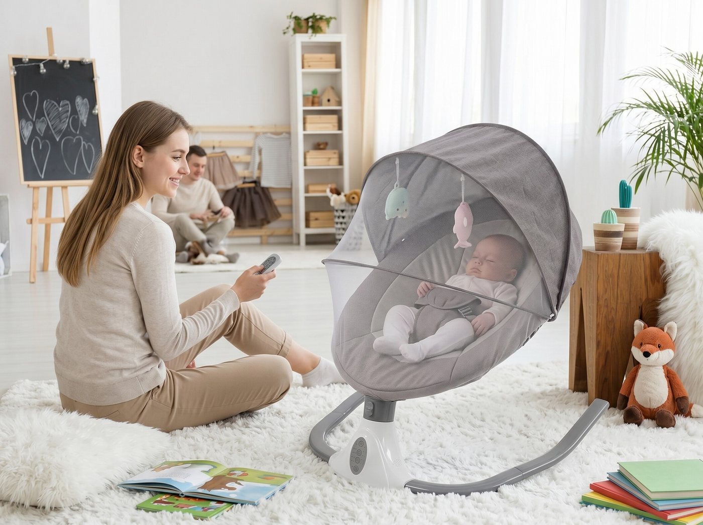 GARRYFIZH Babywippe Smart Baby Wippe Auto-Schaukel Bluetooth, Fernbedienung, bis 20kg, Tragbar,faltbare,Baby Schaukel 24Monatemit Moskitonetz,4Schaukelstufen