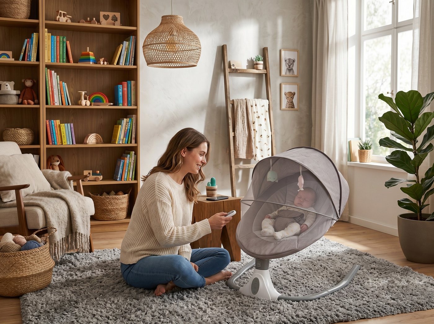 GARRYFIZH Babywippe Smart Baby Wippe Auto-Schaukel Bluetooth, Fernbedienung, bis 20kg, Tragbar,faltbare,Baby Schaukel 24Monatemit Moskitonetz,4Schaukelstufen Bild 2