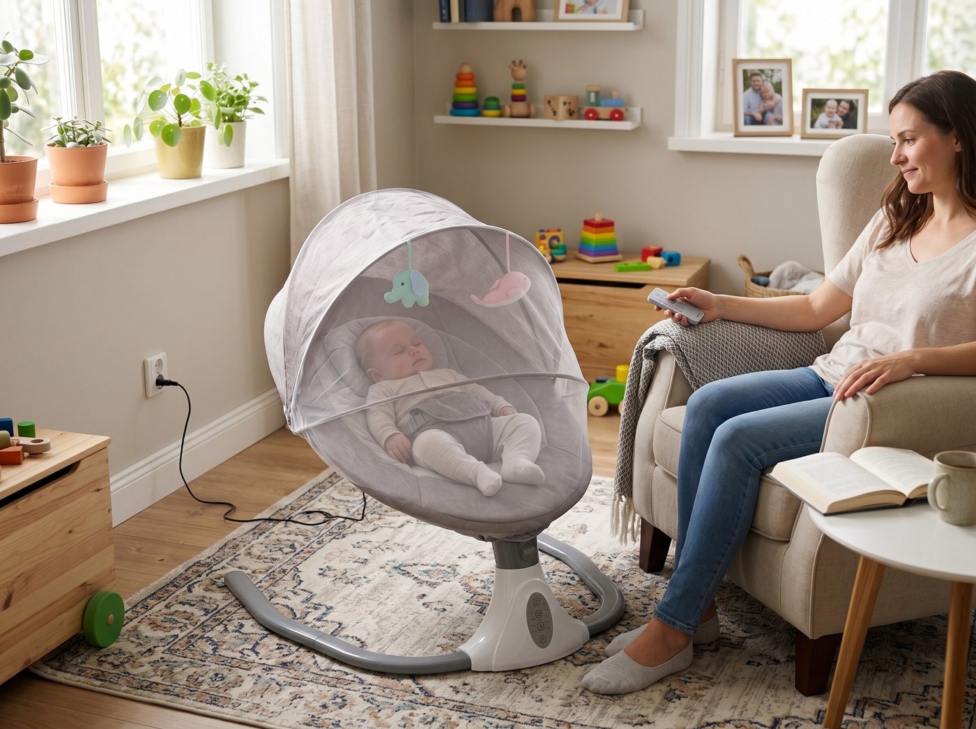 GARRYFIZH Babywippe Smart Baby Wippe Auto-Schaukel Bluetooth, Fernbedienung, bis 20kg, Tragbar,faltbare,Baby Schaukel 24Monatemit Moskitonetz,4Schaukelstufen Bild 5