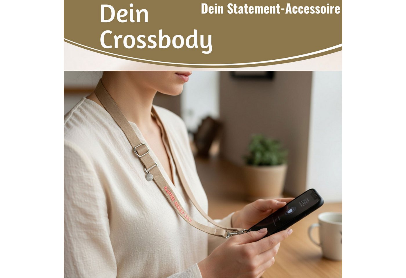 LS-LebenStil Handykette Crossbody Handyband mit Spruch Kaffee regelt Taupe Pink 2 Karabiner Lanyard mit Universal Pad, ideal aus als Schlüsselanhänger Schlüsselband, Universal für jedes Smartphone zum Umhängen oder am Handgelenk