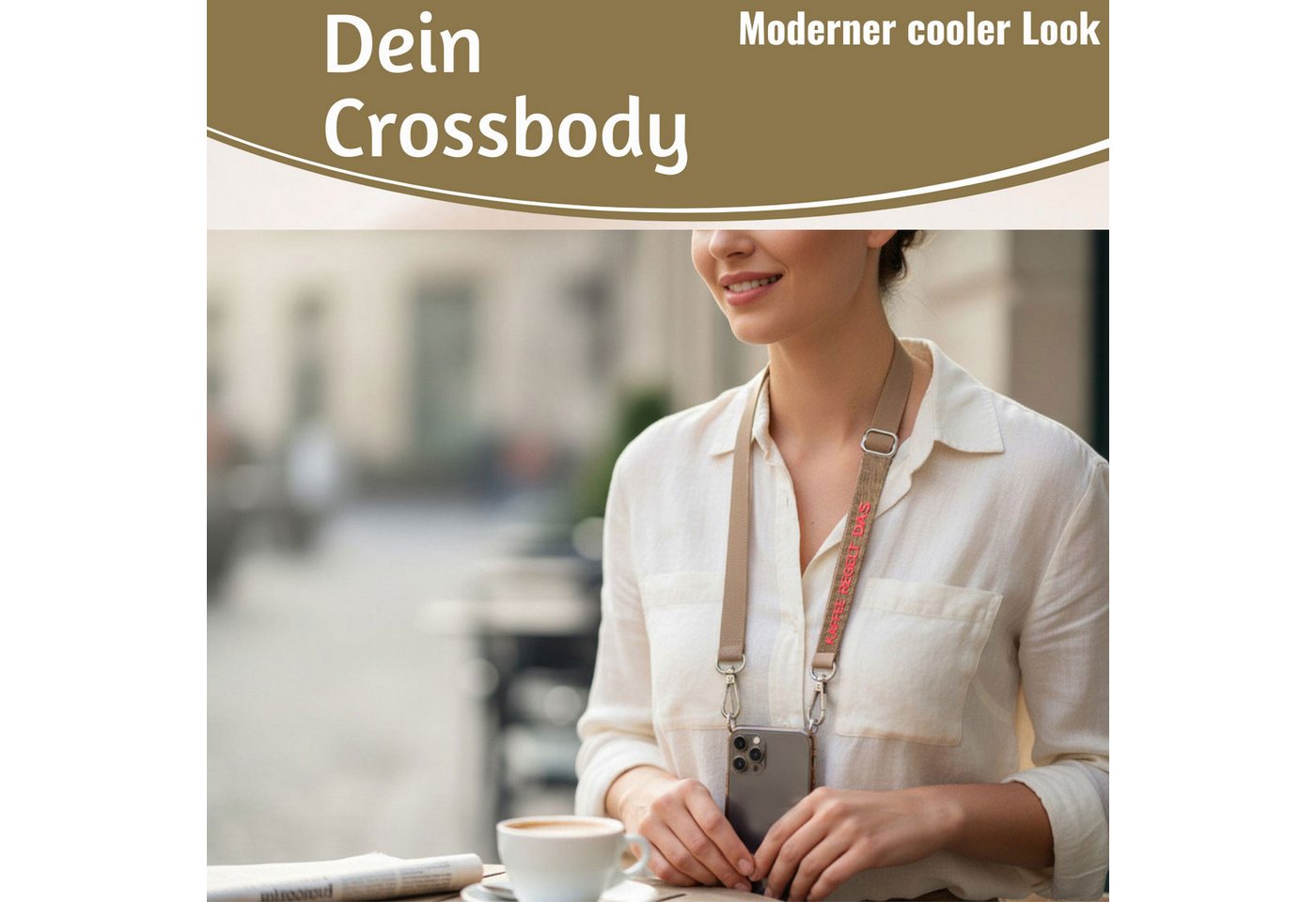 LS-LebenStil Handykette Crossbody Handyband mit Spruch Kaffee regelt Taupe Pink 2 Karabiner Lanyard mit Universal Pad, ideal aus als Schlüsselanhänger Schlüsselband, Universal für jedes Smartphone zum Umhängen oder am Handgelenk Bild 2