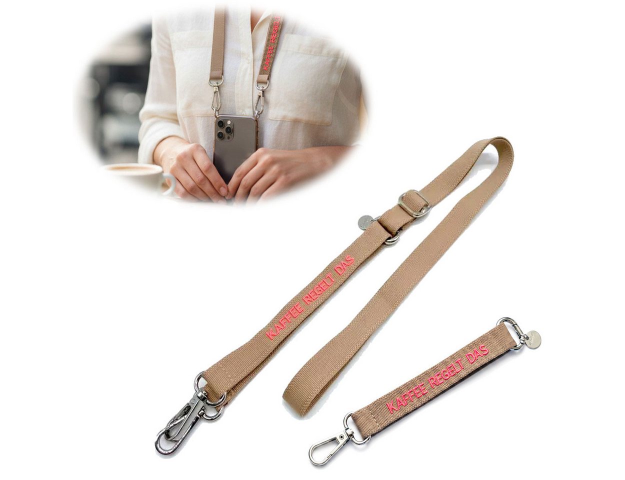 LS-LebenStil Handykette Crossbody Handyband mit Spruch Kaffee regelt Taupe Pink 2 Karabiner Lanyard mit Universal Pad, ideal aus als Schlüsselanhänger Schlüsselband, Universal für jedes Smartphone zum Umhängen oder am Handgelenk Bild 3