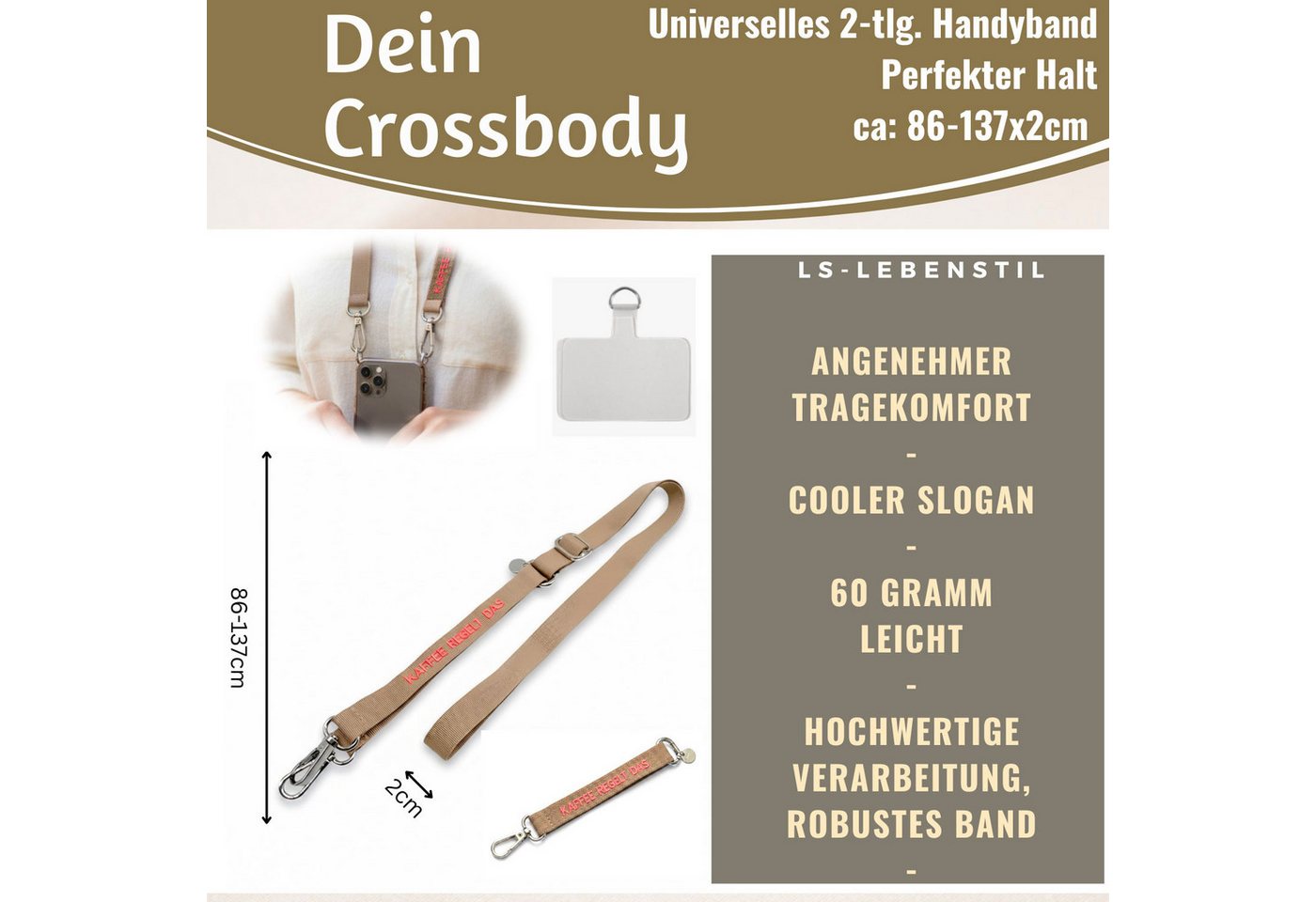LS-LebenStil Handykette Crossbody Handyband mit Spruch Kaffee regelt Taupe Pink 2 Karabiner Lanyard mit Universal Pad, ideal aus als Schlüsselanhänger Schlüsselband, Universal für jedes Smartphone zum Umhängen oder am Handgelenk Bild 5