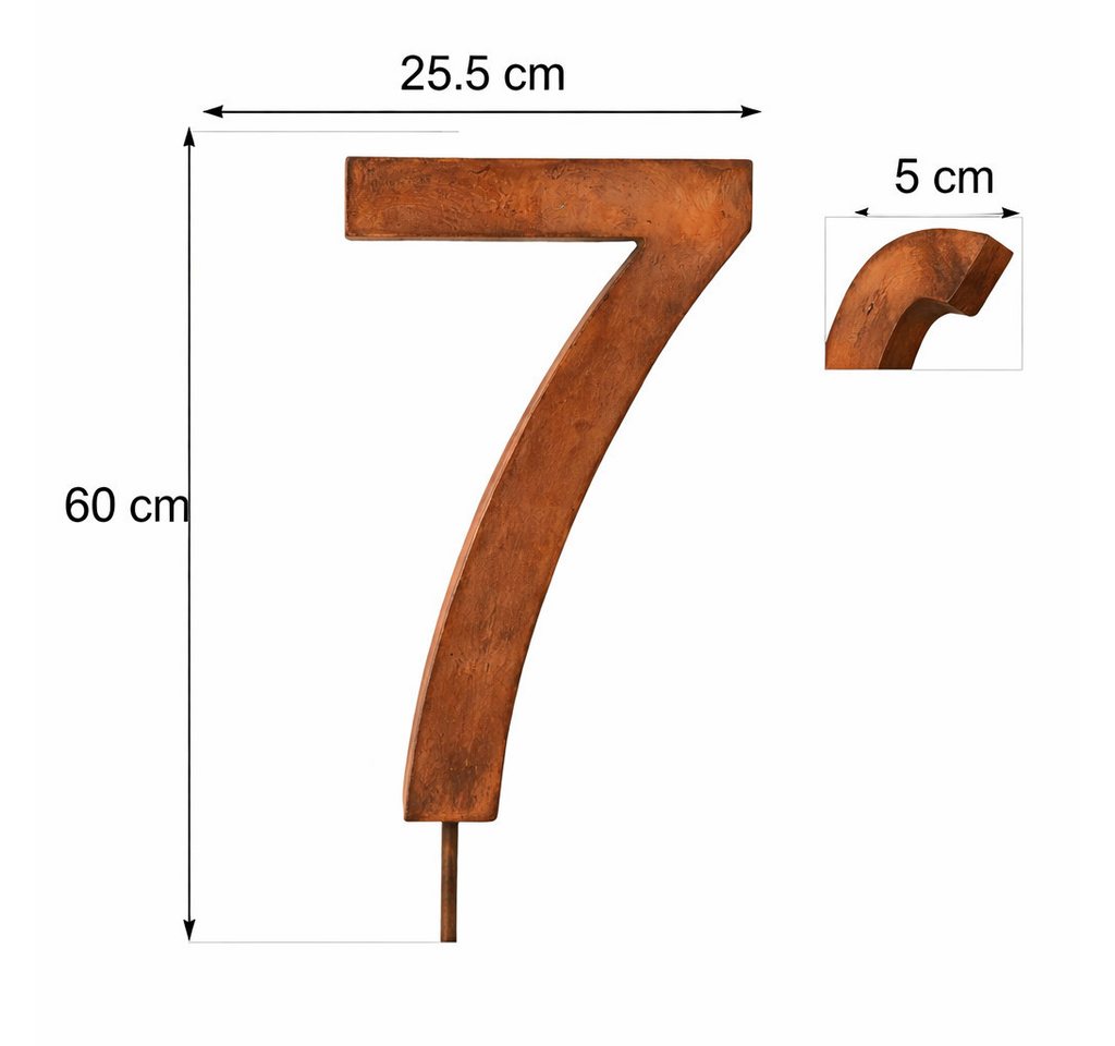 UNUS ELEMENTS Hausnummer Gartenstecker Hausnummer groß Ziffer 0-9 im Rostdesign, (60x25,5x5cm), Nummer 7, Hausnummerschild, wetterfest, Metallnummer Bild 2