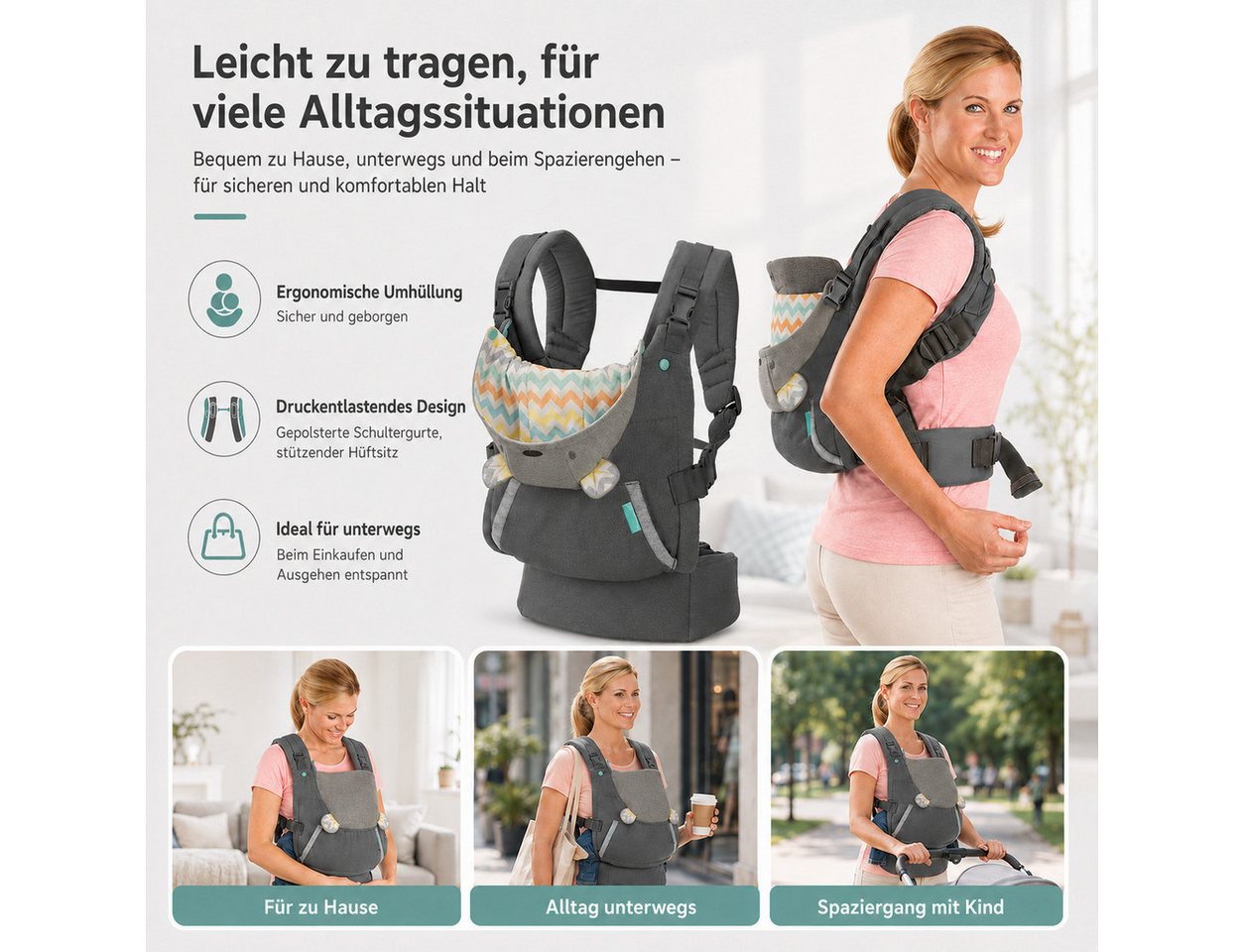 VEKROBOT Babytrage 4-in-1 Babytrage Hüftsitz vorwärts rückwärts vielseitig komfortabel (1-tlg., Vielseitige Tragehilfe für unterwegs), Komfortable multifunktionale Babytrage mit Hüftsitz