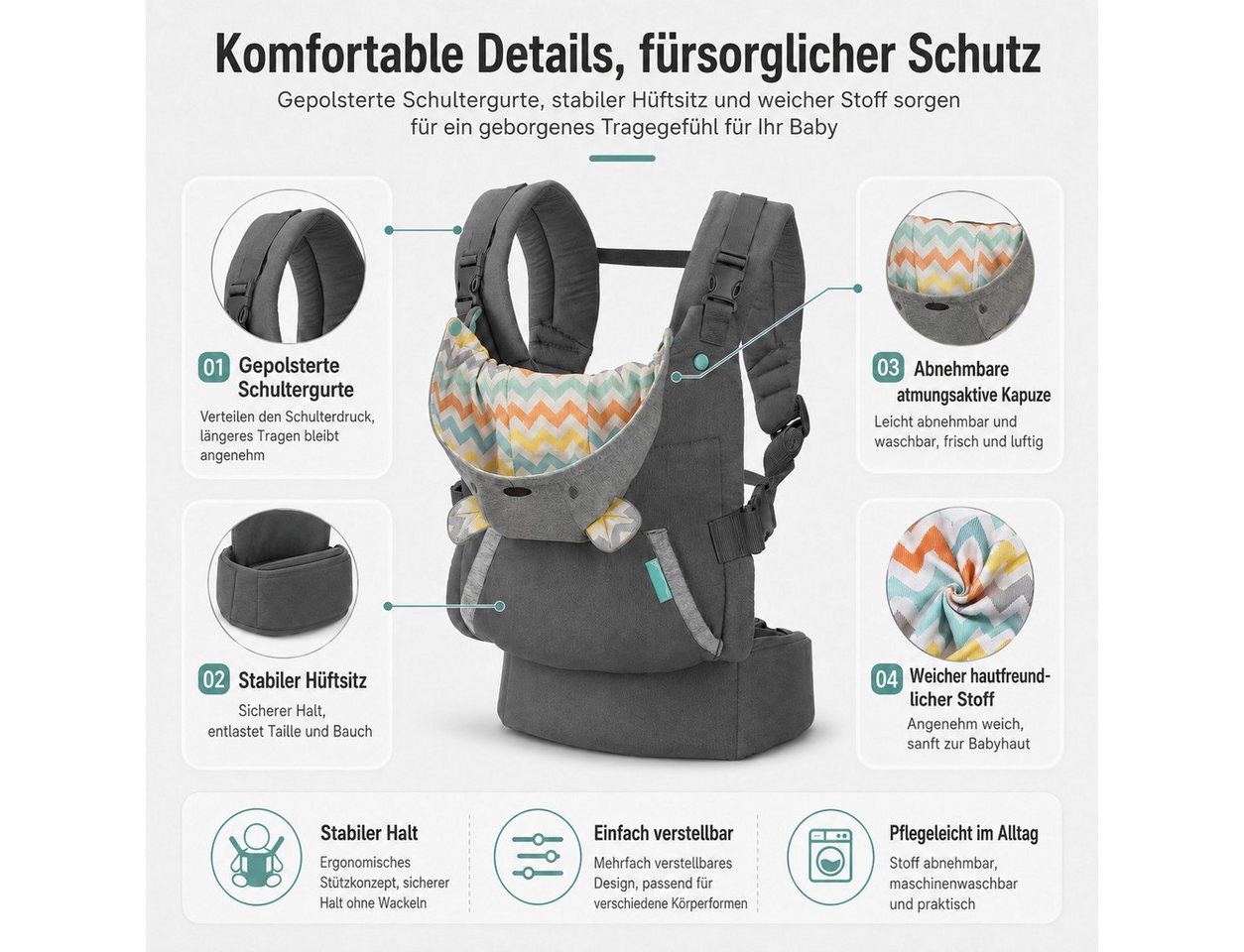 VEKROBOT Babytrage 4-in-1 Babytrage Hüftsitz vorwärts rückwärts vielseitig komfortabel (1-tlg., Vielseitige Tragehilfe für unterwegs), Komfortable multifunktionale Babytrage mit Hüftsitz Bild 5