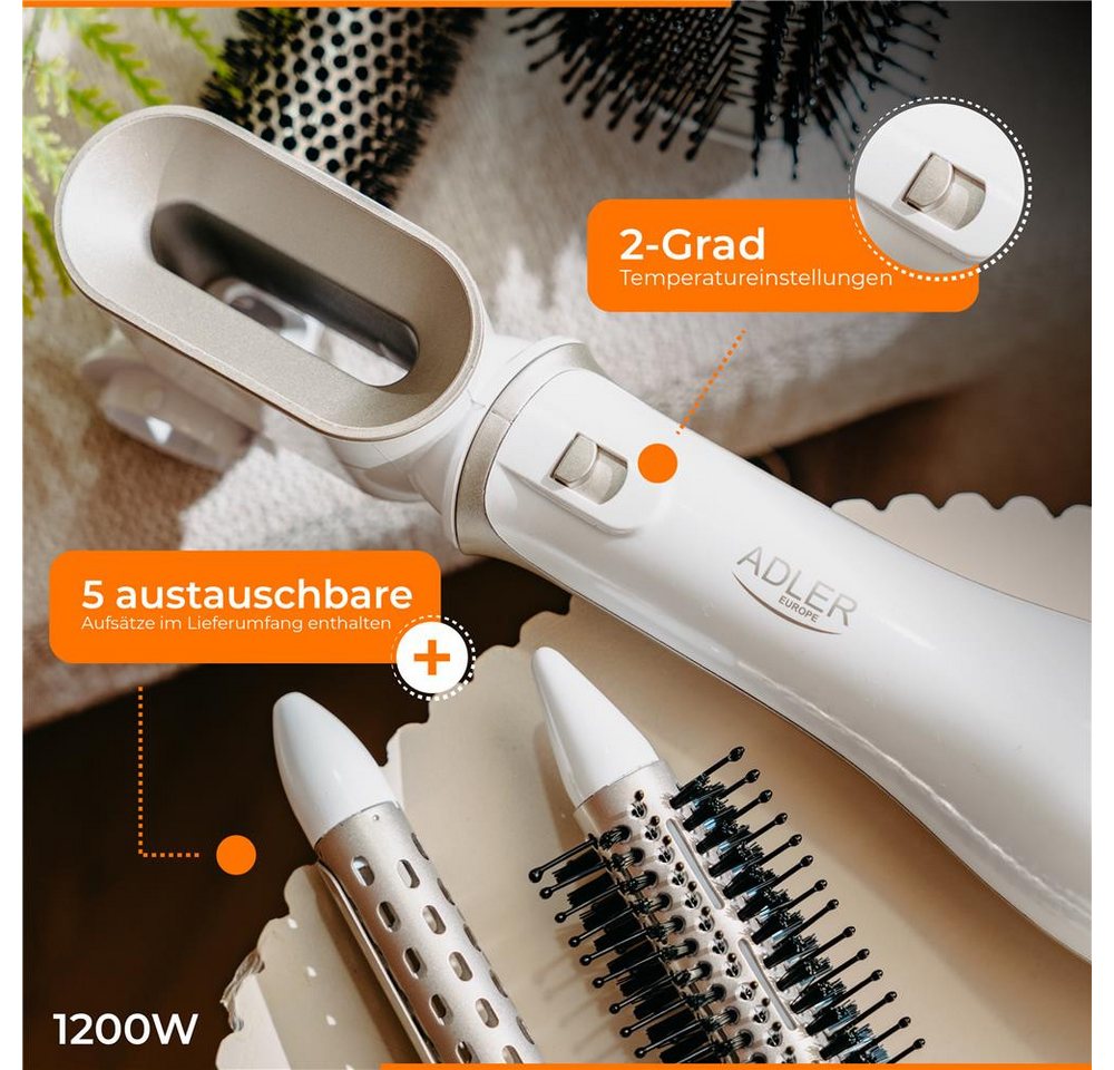 ADLER EUROPE Warmluftbürste AD 2027 5-in-1 Lockenstab Stylingbürste Keramikbeschichtung, Kaltluftfunktion, Rundbürsten, Lockenstab, Perlweiß stylish Bild 4