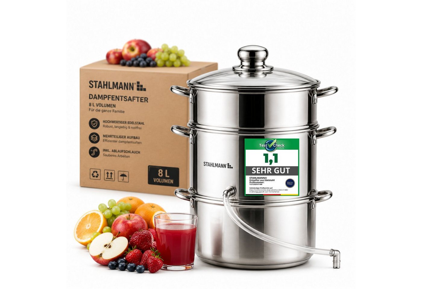 STAHLMANN COMMERCE GmbH Entsafter Dampfentsafter [8 L] Entsafter Obst und Gemüse Edelstahl Induktion, 8 L · Edelstahl · Für Induktion · Glasdeckel · 4-teilig Bild 2