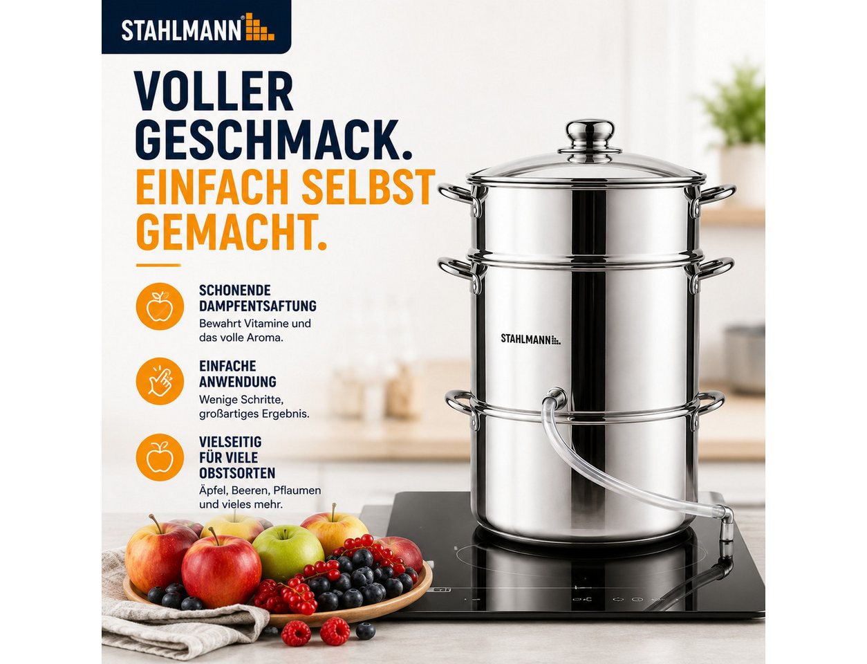 STAHLMANN COMMERCE GmbH Entsafter Dampfentsafter [8 L] Entsafter Obst und Gemüse Edelstahl Induktion, 8 L · Edelstahl · Für Induktion · Glasdeckel · 4-teilig Bild 3