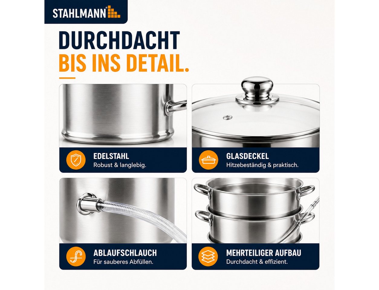 STAHLMANN COMMERCE GmbH Entsafter Dampfentsafter [8 L] Entsafter Obst und Gemüse Edelstahl Induktion, 8 L · Edelstahl · Für Induktion · Glasdeckel · 4-teilig Bild 4