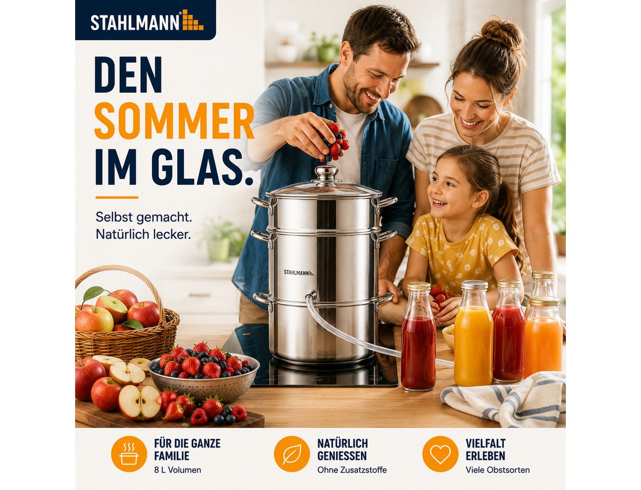 STAHLMANN COMMERCE GmbH Entsafter Dampfentsafter [8 L] Entsafter Obst und Gemüse Edelstahl Induktion, 8 L · Edelstahl · Für Induktion · Glasdeckel · 4-teilig Bild 5