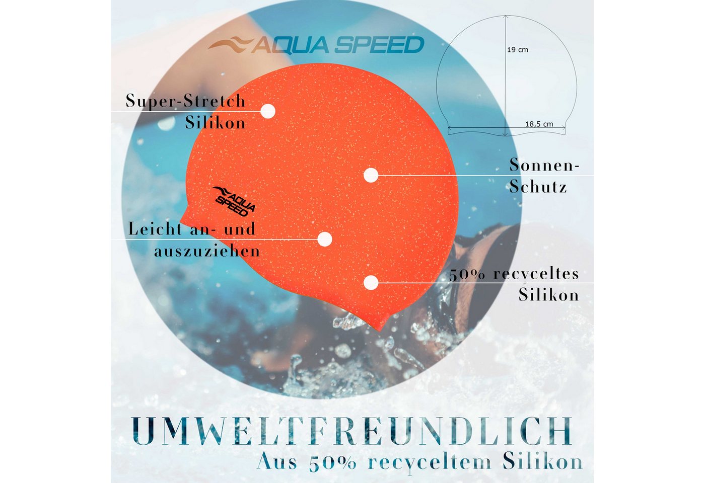 Aqua Speed Badekappe Bademütze mit 50% recyceltem Silikon – Dehnbar, langlebig & bequem (Reißfeste Bademütze mit glatter Oberfläche – ideal für Wassersport), Langlebige Silikon-Badehaube – Einfach anzuziehen & schnelltrocknend Bild 2