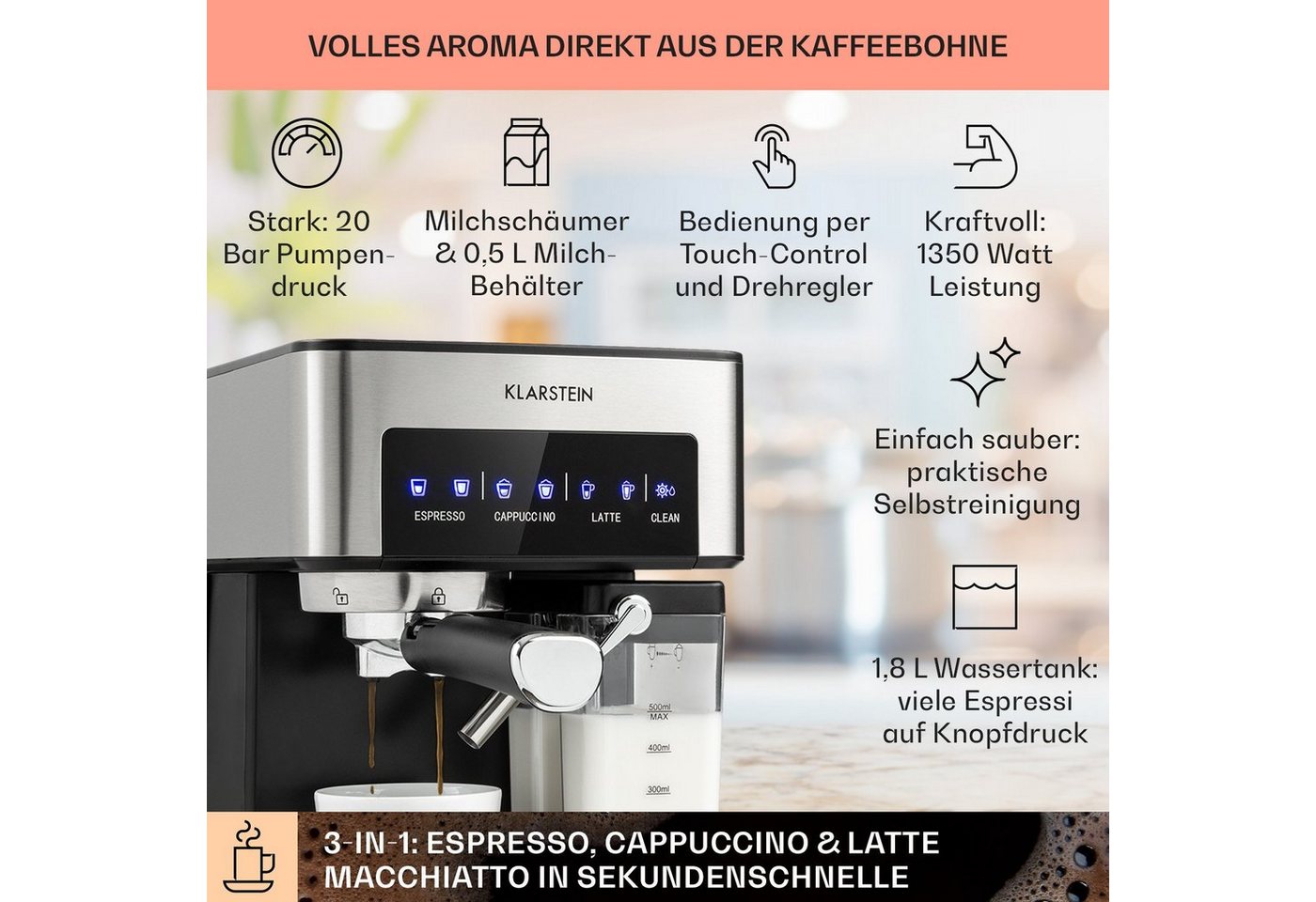 Klarstein Filterkaffeemaschine, 1.8l Kaffeekanne, Gemahlener Kaffee und Pads: 2-in-1- Nutzung zum flexiblen Gebrauch