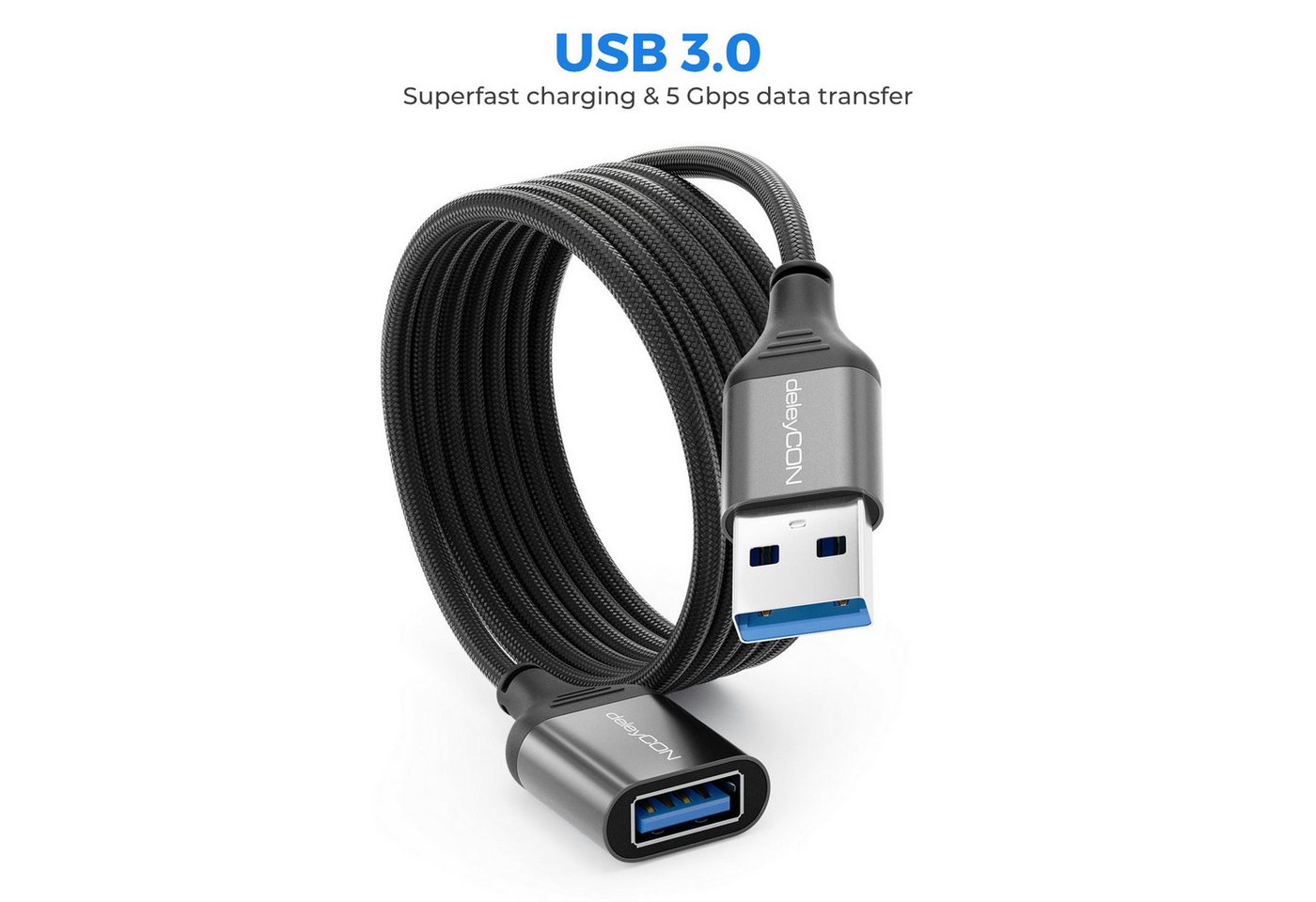 deleyCON deleyCON 3m USB3.0 A-A Verlängerung (5Gbps, Alu) Kartenleser/Drucker USB-Kabel