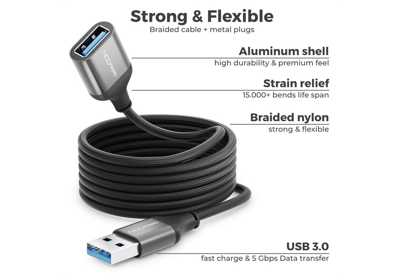 deleyCON deleyCON 3m USB3.0 A-A Verlängerung (5Gbps, Alu) Kartenleser/Drucker USB-Kabel Bild 5
