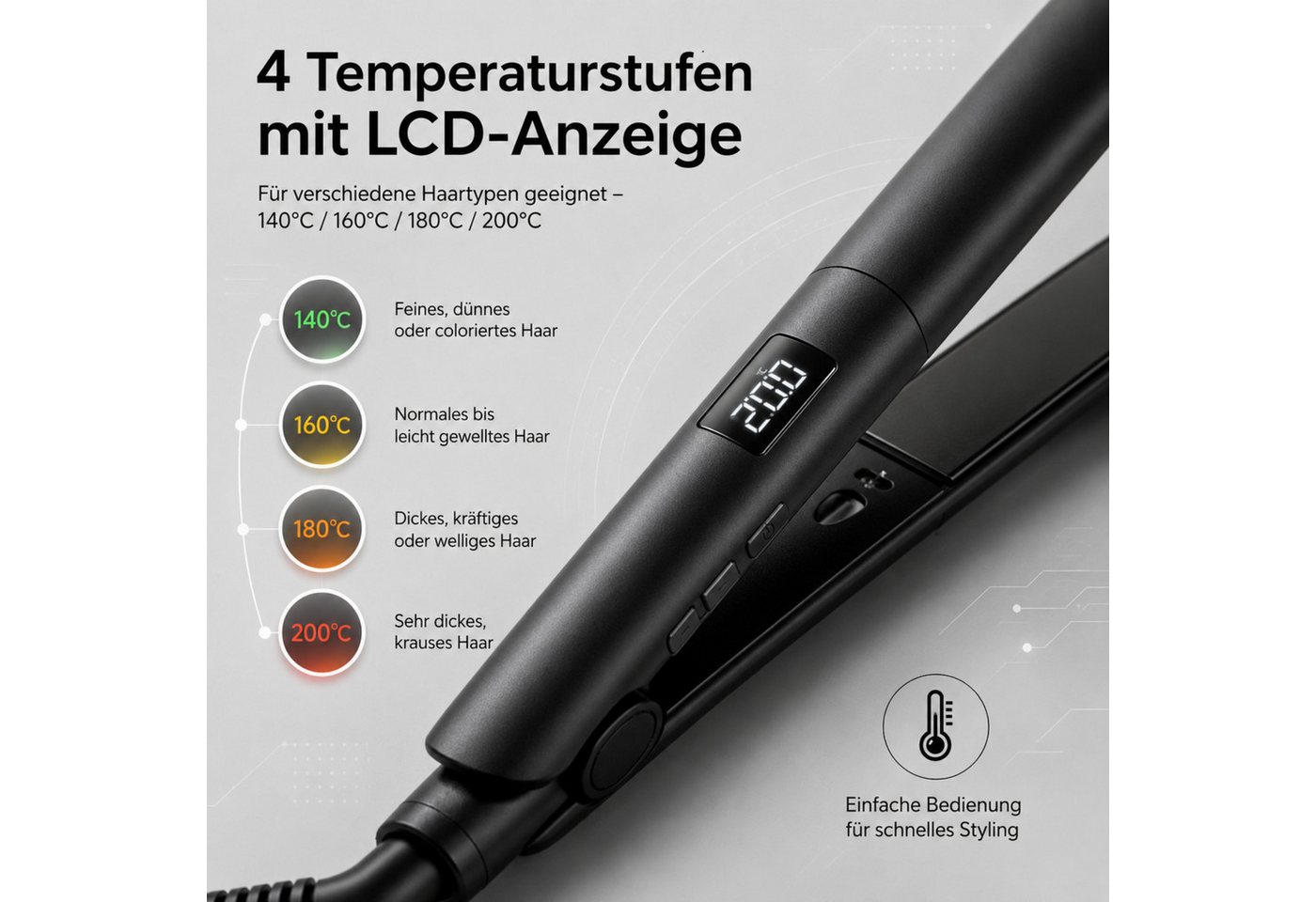Fyrove Glätteisen Haarglätter mit LCD-Display, 4 Temperaturstufen 140–200°C Keramik-Haarglätter mit Auto-Off, 360° Drehkabel, Styling-Tool für glattes Haar, Reise-Glätteisen, Geschenk für Weihnachten & Geburtstag Bild 3