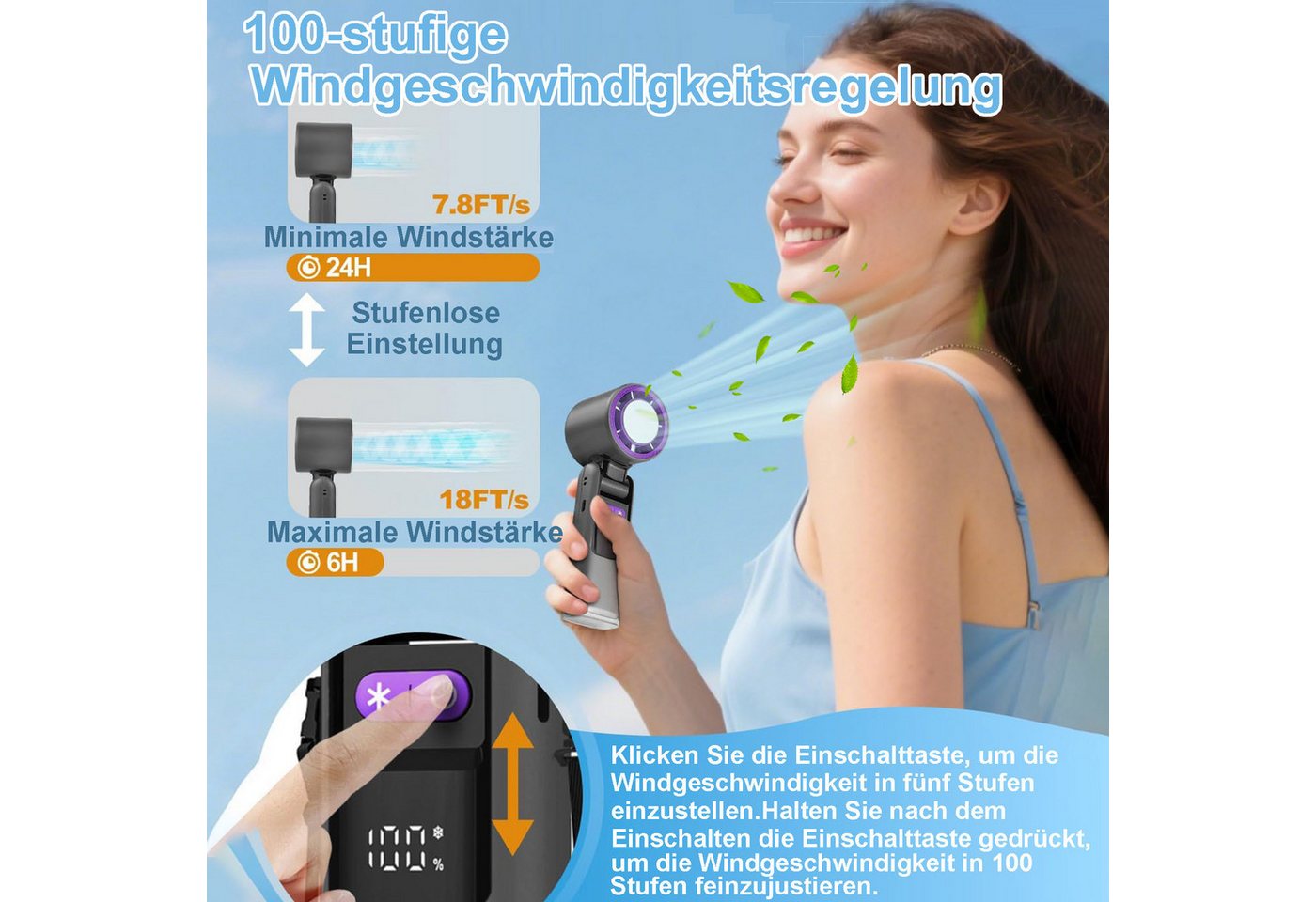 Senmudi Handventilator Tragbarer Mini-Turbo-Lüfter,2000 mAh USB-Akku,199-stufige Einstellung, Kühldesign mit LED-Display, 3-in-1-Design mit Beleuchtungsfunktion Bild 4