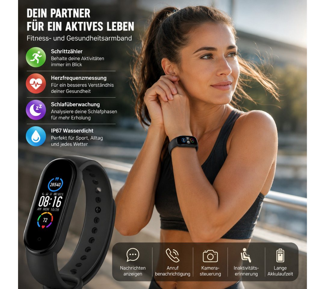 Winch Fitness-Tracker Smartwatch Fitness- und Gesundheitsarmband (Herzfrequenz-, Blutdruck- und Blutsauerstoffmessung, IP67 Wasserdicht, Bluetooth 4.0, kompatibel mit Android und iOS), Schrittzähler, Kalorien- und Distanzanzeige, Schlafanalyse