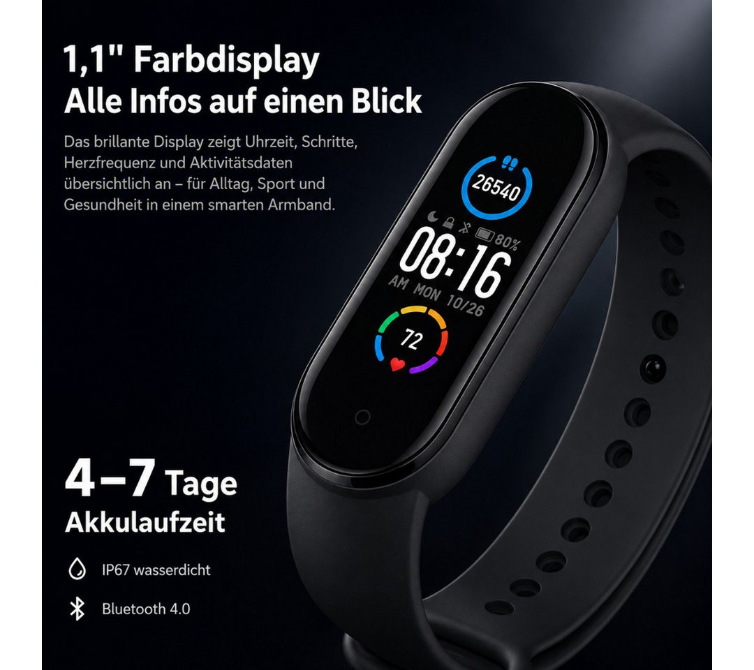 Winch Fitness-Tracker Smartwatch Fitness- und Gesundheitsarmband (Herzfrequenz-, Blutdruck- und Blutsauerstoffmessung, IP67 Wasserdicht, Bluetooth 4.0, kompatibel mit Android und iOS), Schrittzähler, Kalorien- und Distanzanzeige, Schlafanalyse Bild 3