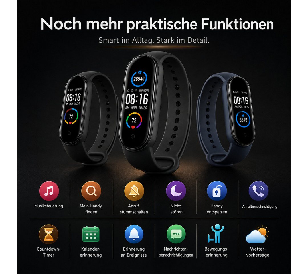 Winch Fitness-Tracker Smartwatch Fitness- und Gesundheitsarmband (Herzfrequenz-, Blutdruck- und Blutsauerstoffmessung, IP67 Wasserdicht, Bluetooth 4.0, kompatibel mit Android und iOS), Schrittzähler, Kalorien- und Distanzanzeige, Schlafanalyse Bild 4
