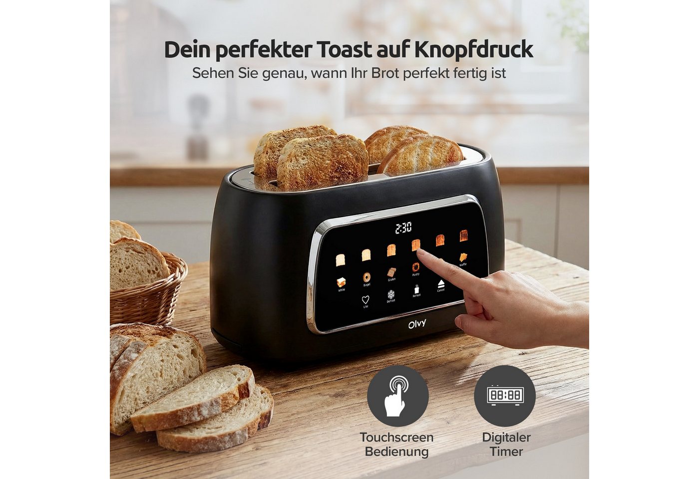 Olvy Toaster Olvy Toaster 4 Scheiben, Langschlitztoaster, Digitaldisplay mit Timer