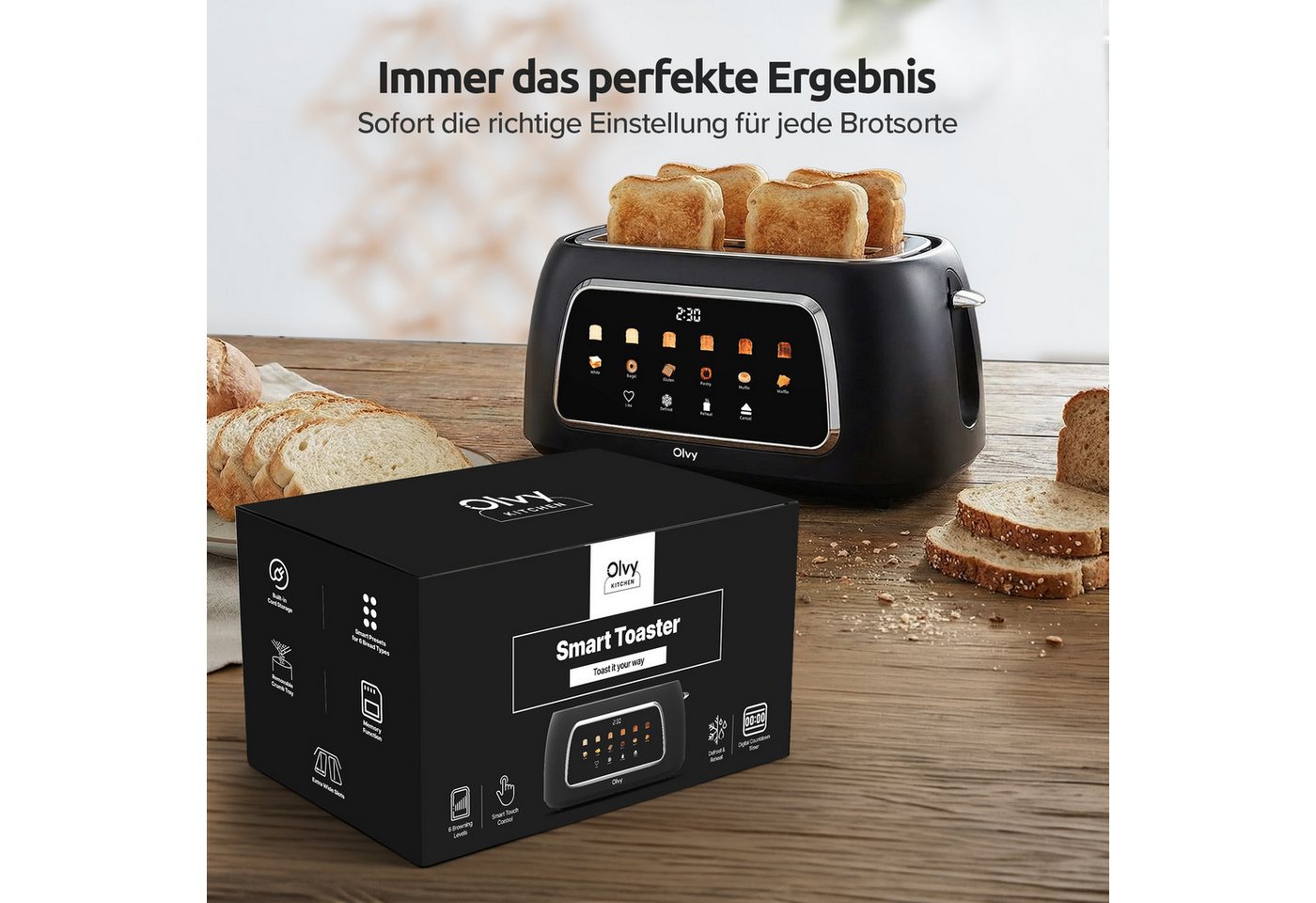 Olvy Toaster Olvy Toaster 4 Scheiben, Langschlitztoaster, Digitaldisplay mit Timer Bild 5